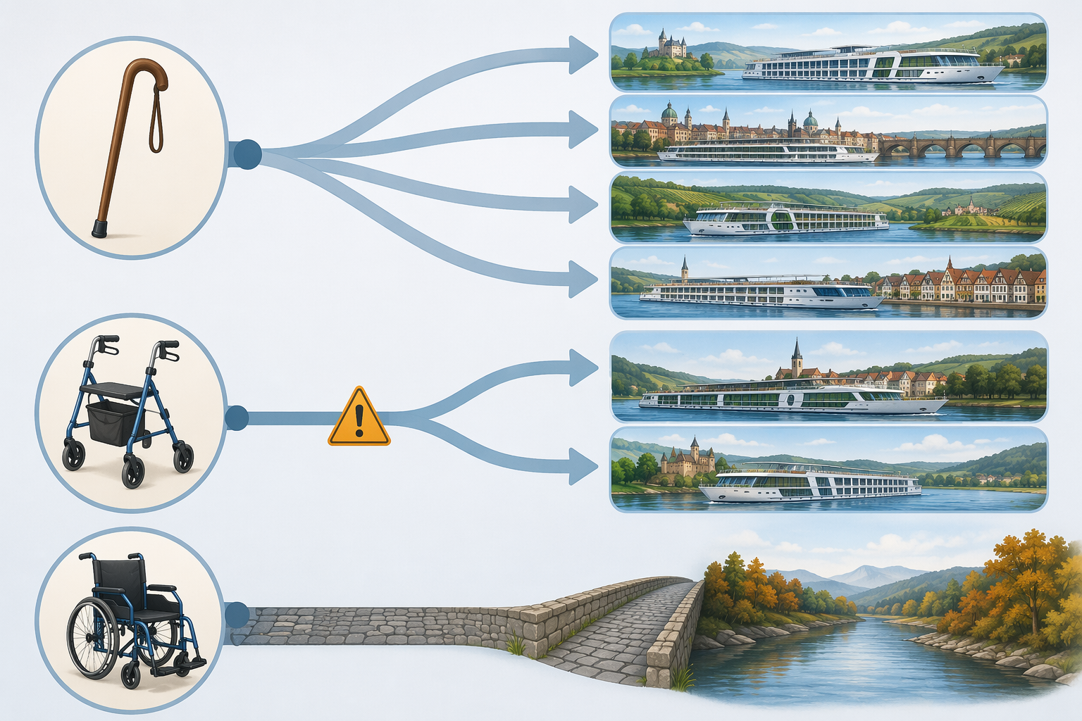 Decision framework showing cane, rollator, and wheelchair users matched to different river cruise options