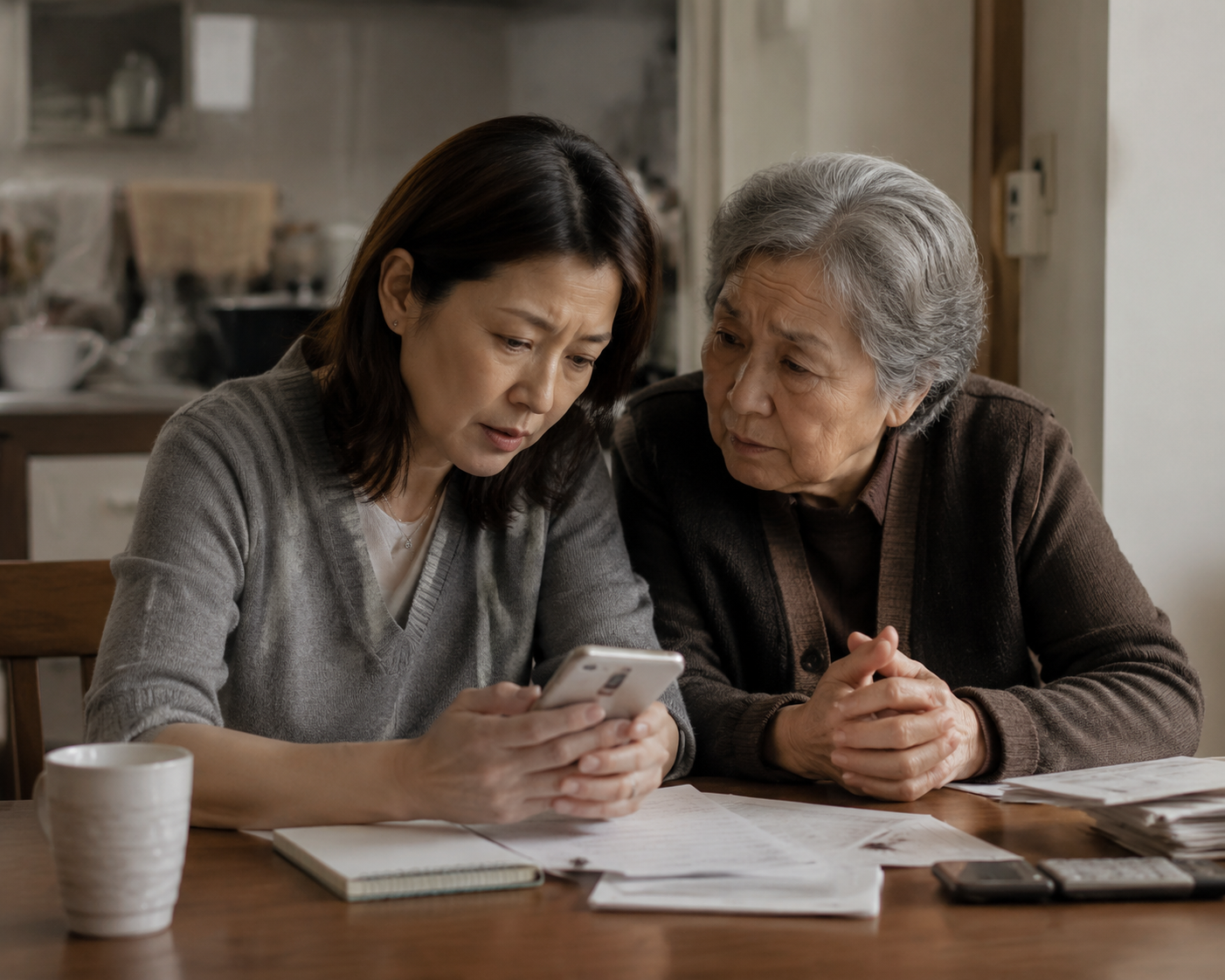 Adult daughter and elderly mother reviewing papers and a phone at a kitchen table