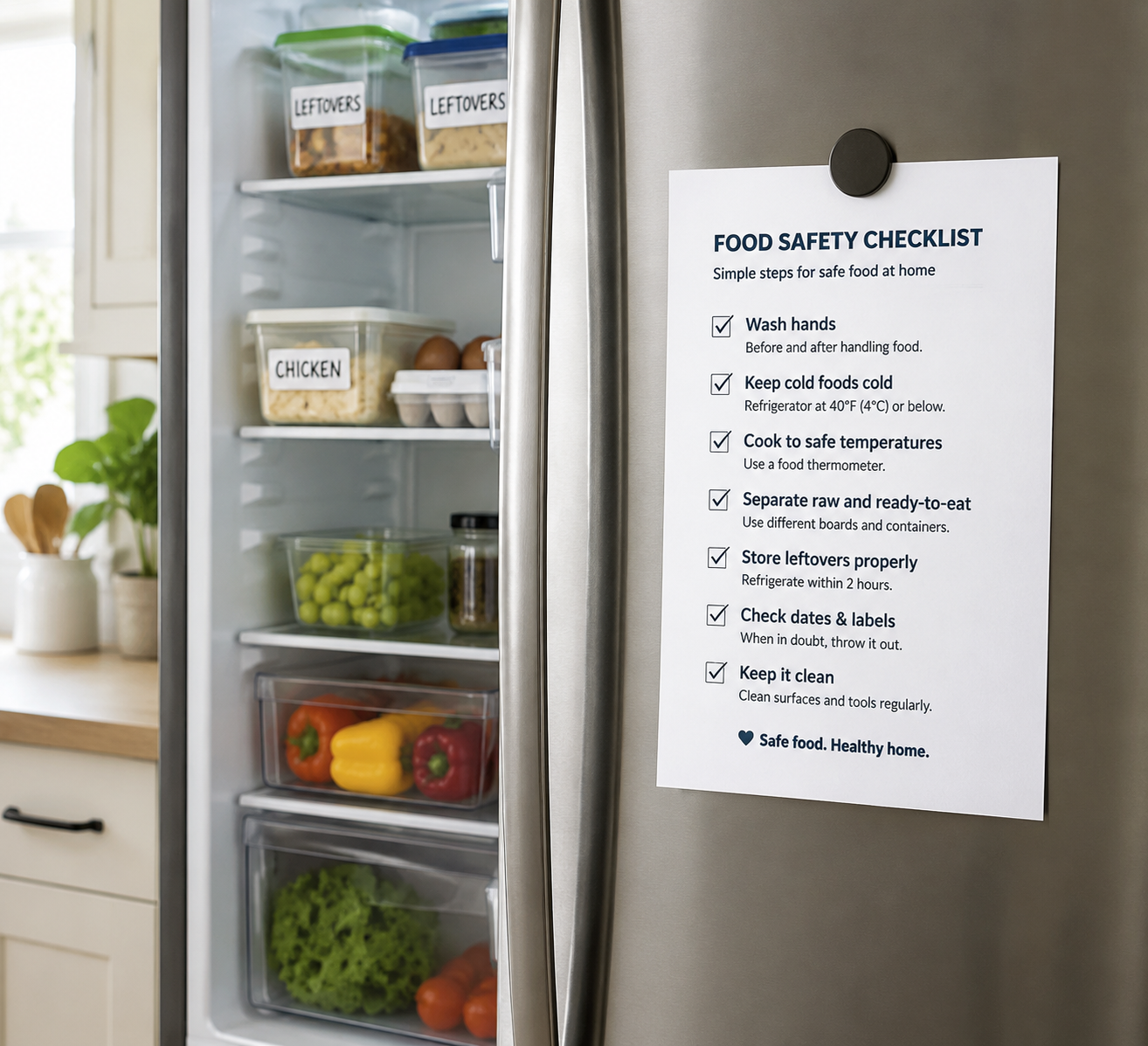 Organized refrigerator with labeled containers and a food safety checklist on the door