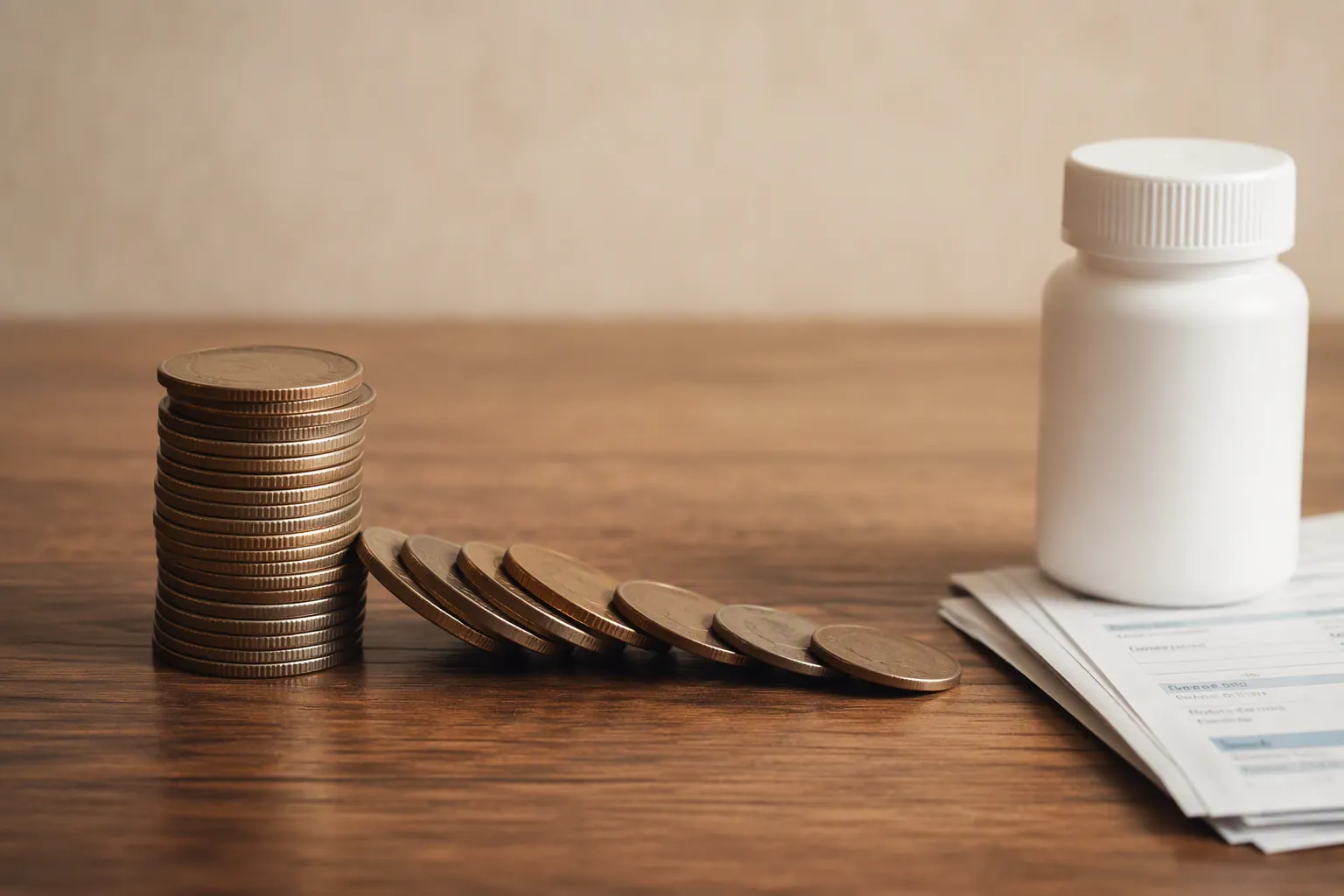 Coin stack with a portion separated toward a pill bottle and medical bill, illustrating Medicare costs using part of a Social Security raise
