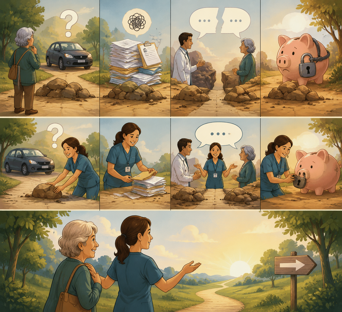 Illustration of a nurse navigator clearing transportation, paperwork, communication, and financial barriers from an older adult's path