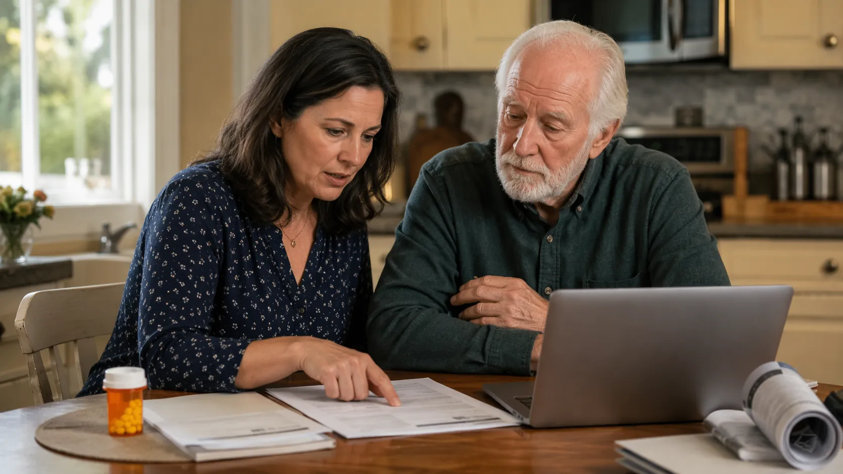 A daughter and her elderly father reviewing Medicare paperwork and a laptop at a kitchen table