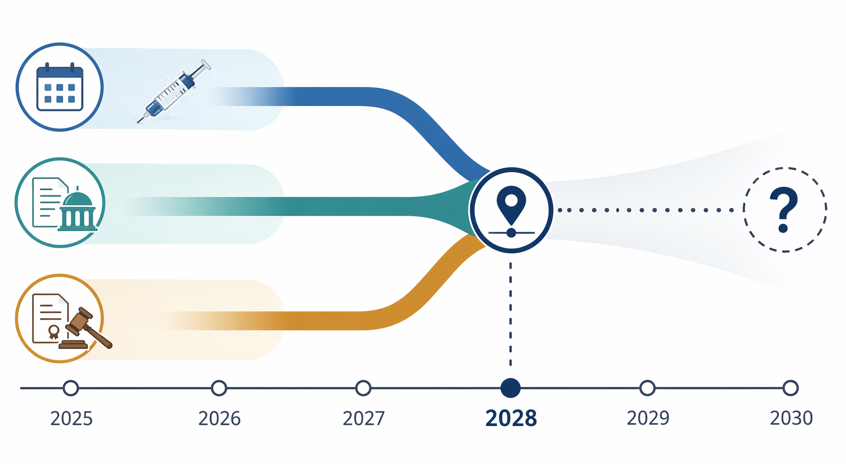 A timeline from 2025 to 2030 showing patent, Medicare, and injection streams converging around 2028.
