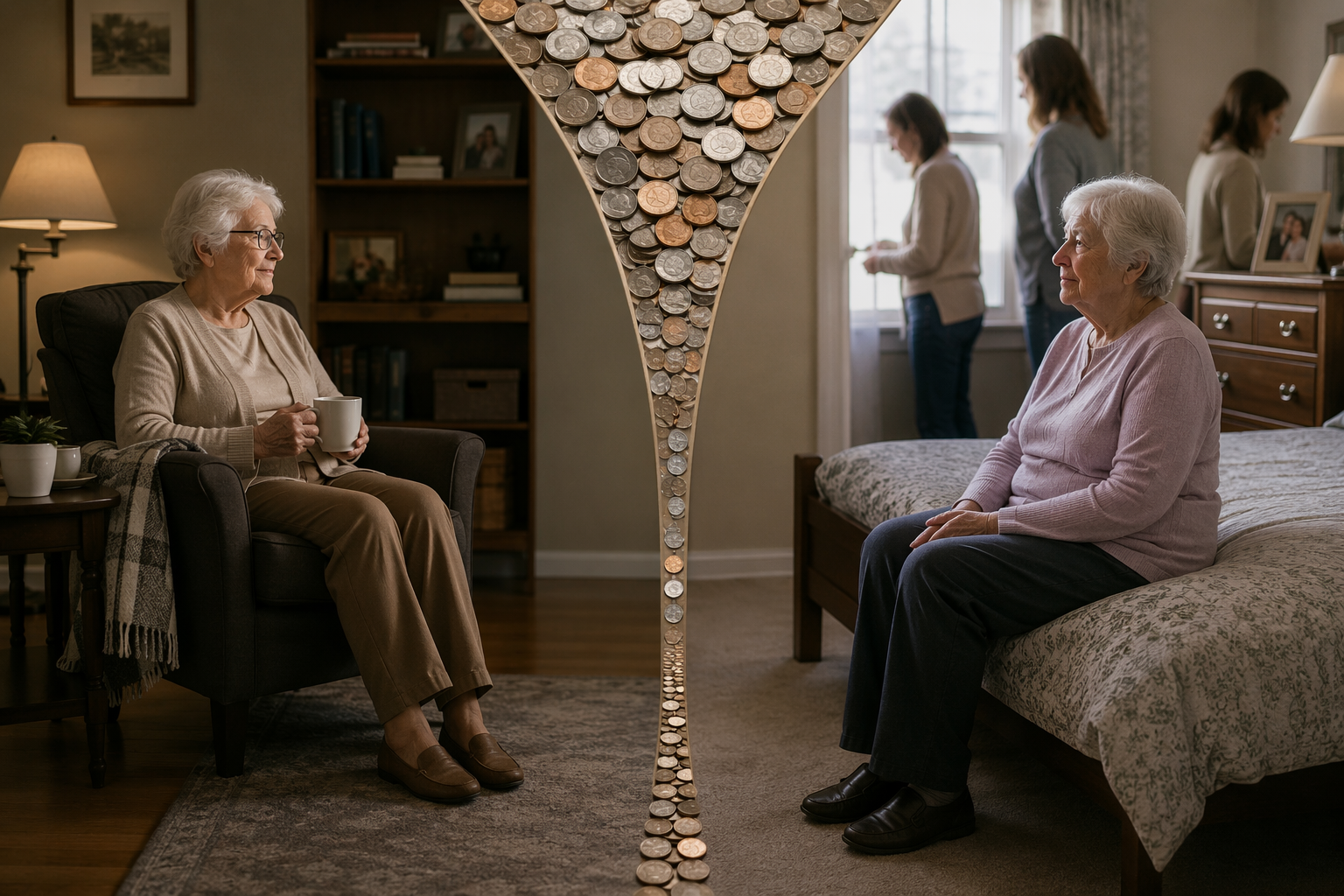 Comparison of a senior living independently versus living rent-free with family, showing how monthly finances can shrink.