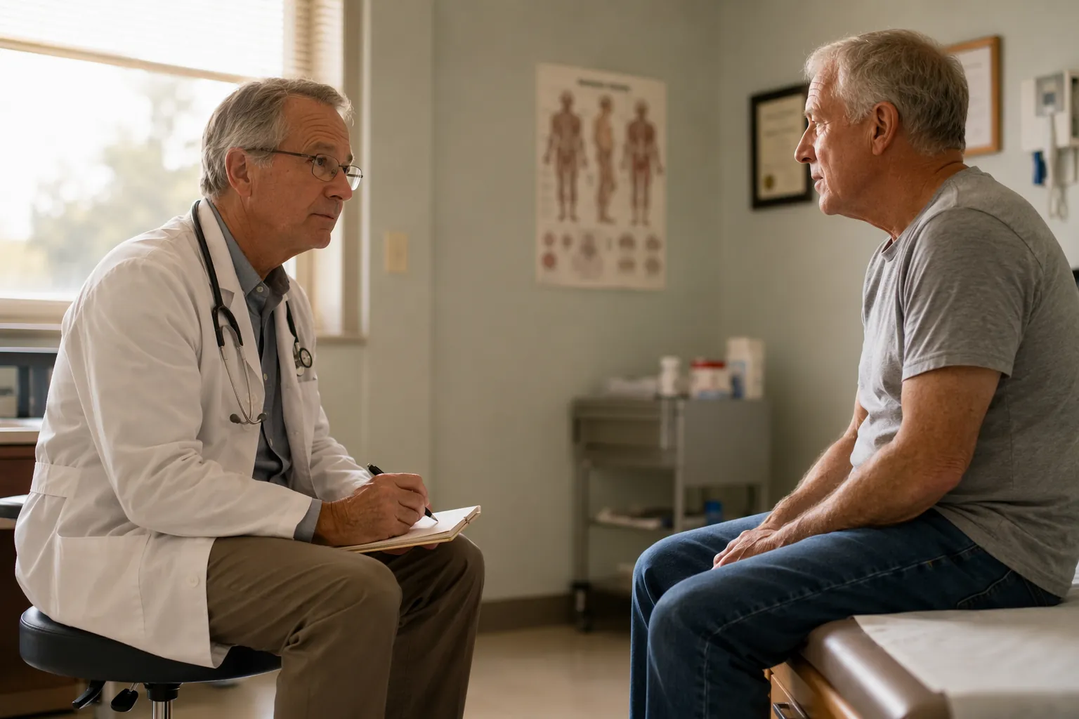 Older physician and older male patient having a careful conversation in an exam room