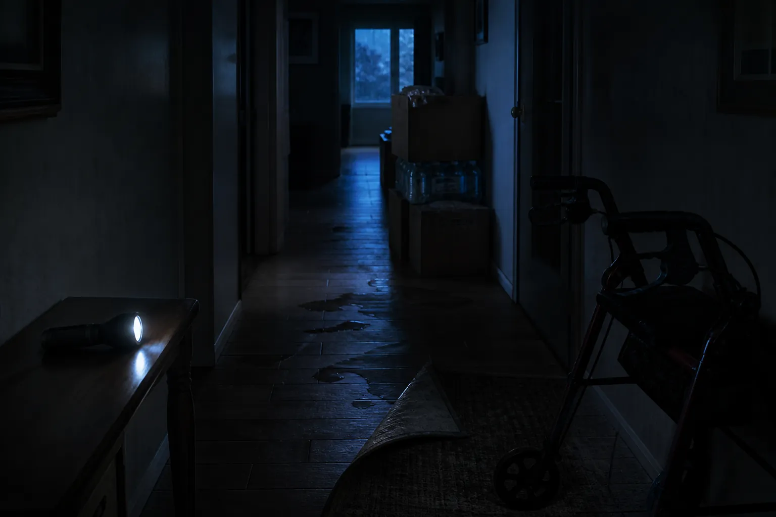 Dim hallway during a storm outage with water bottles, a curled rug, damp floor spots, and a walker in shadow