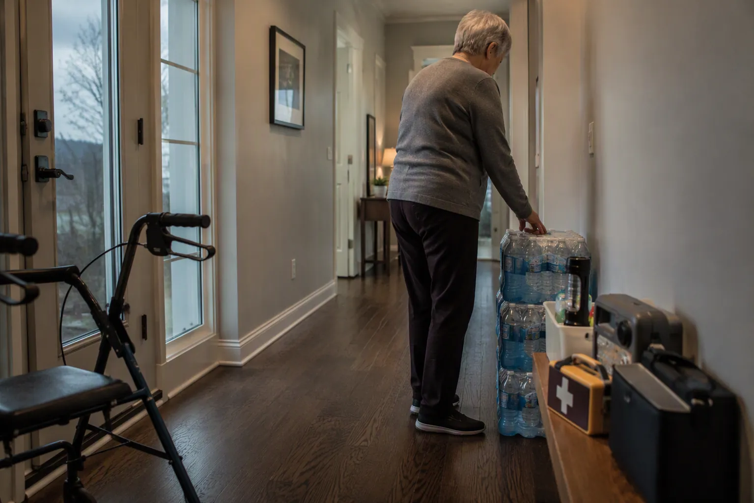 An older adult keeping a hallway clear while stacking hurricane supplies near a walker