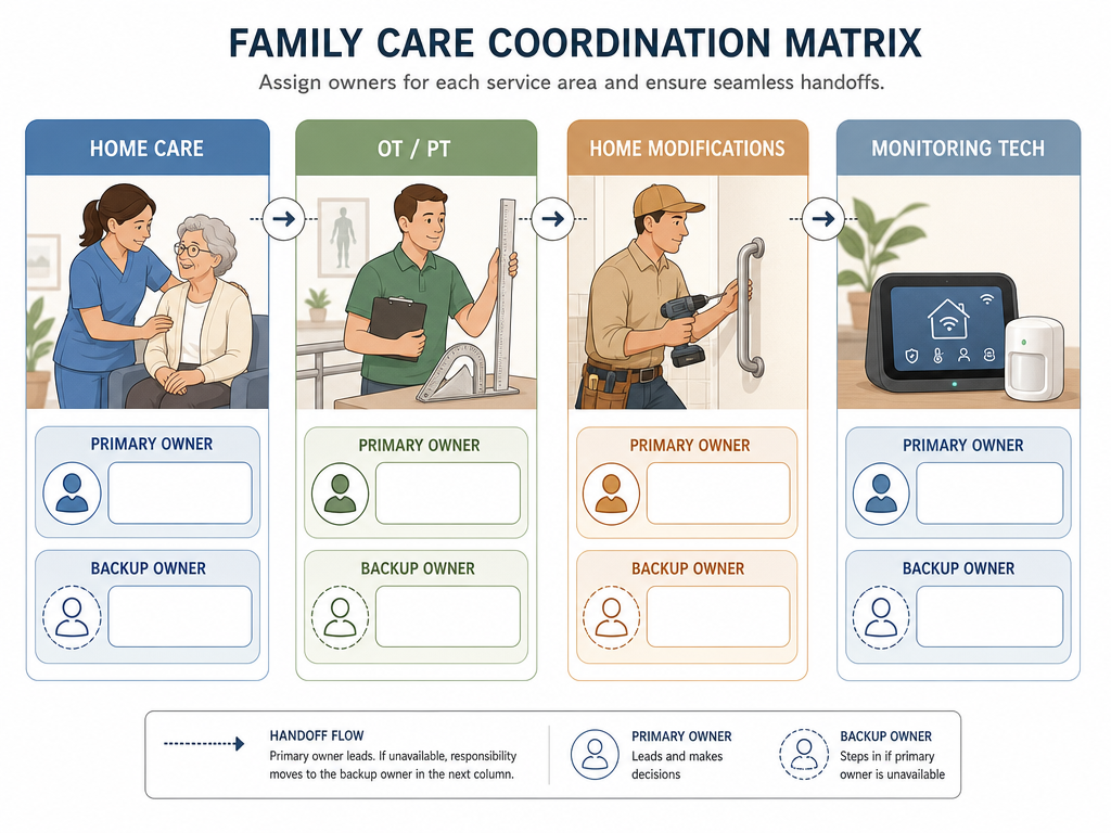 A responsibility assignment matrix showing four columns for Home Care, OT/PT, Home Modifications, and Monitoring Tech, with rows for Primary Owner and Backup Owner.