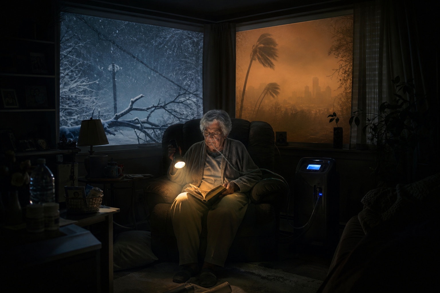 Older adult in a dark living room during an outage with storm, heat, tree, and power-line threats outside