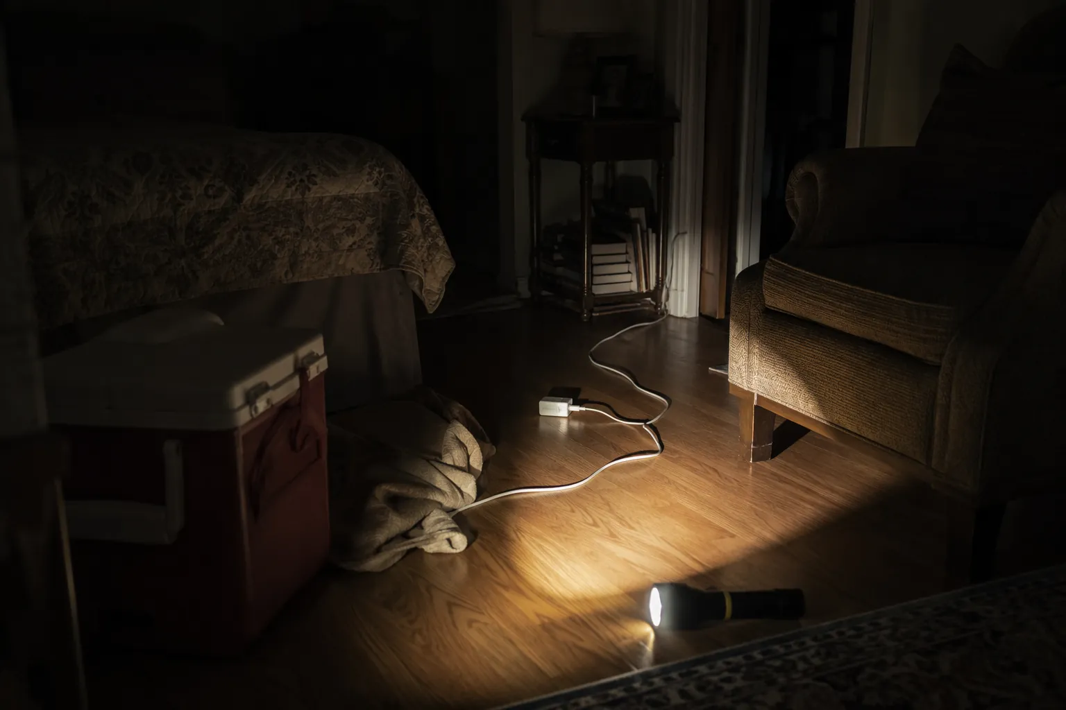 Dim living room during a power outage with a cooler, charging cord, bunched rug, and flashlight creating trip hazards