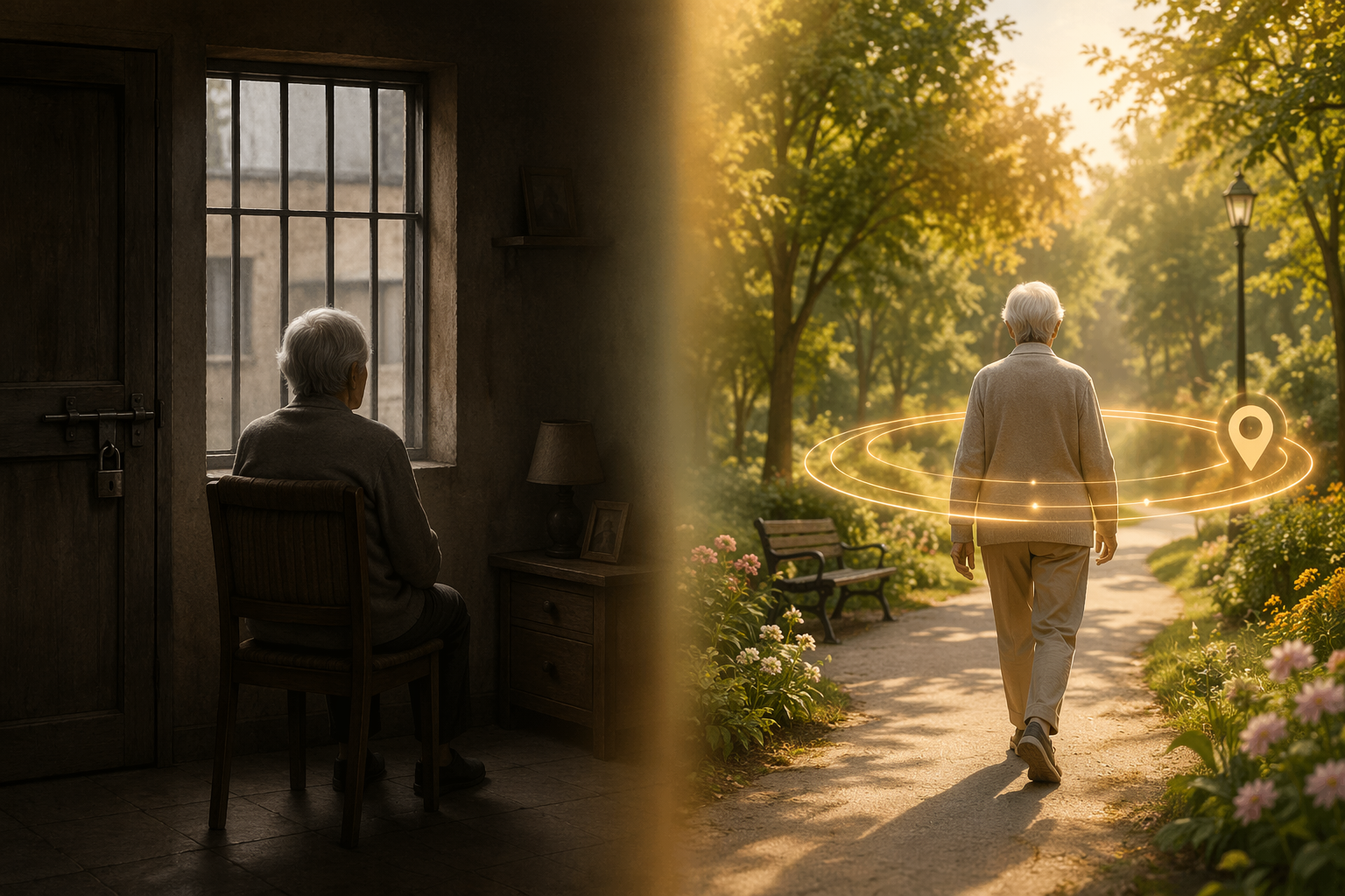 Split illustration comparing a locked indoor setting with a person walking outdoors under a protective GPS glow