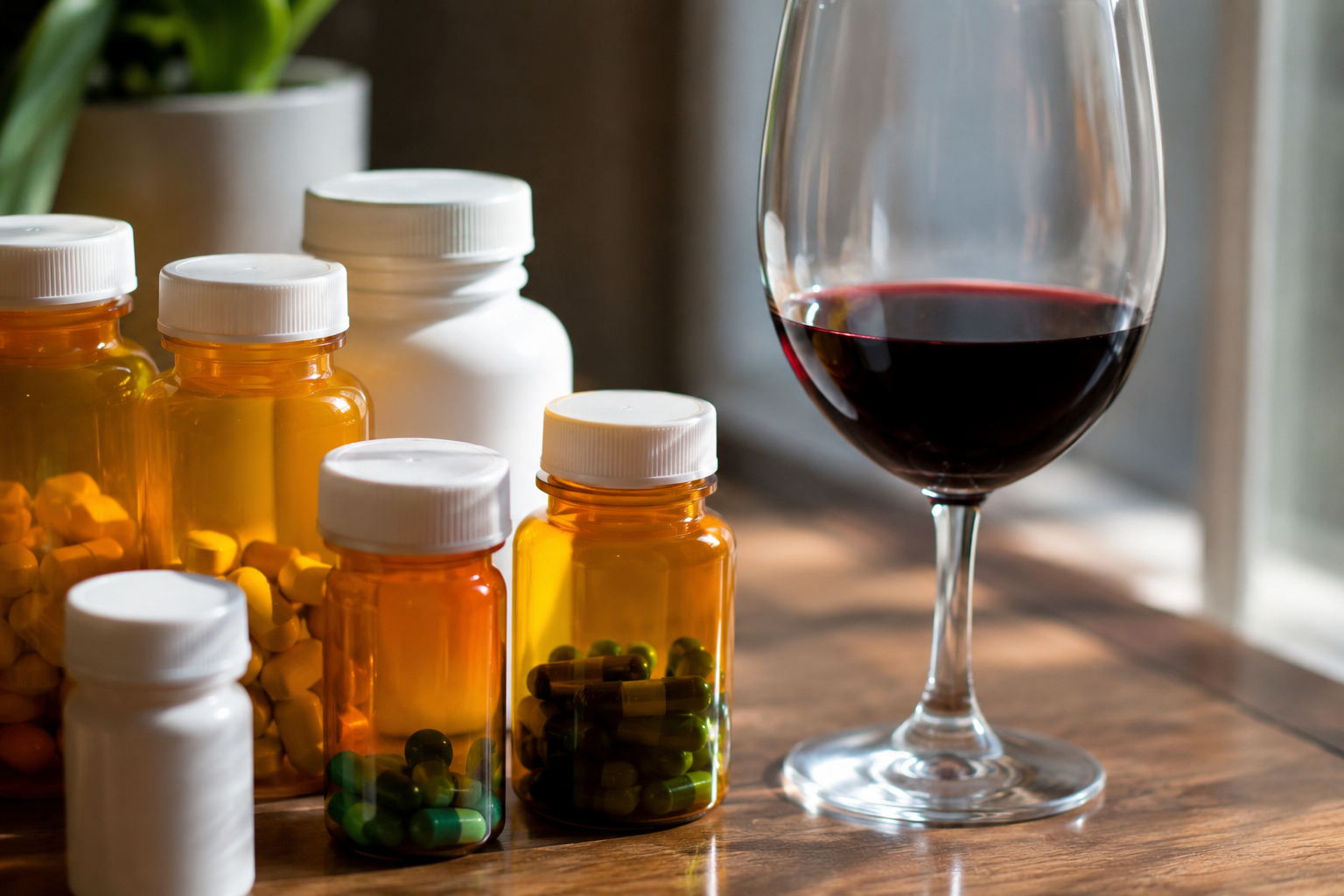 Prescription pill bottles beside a glass of red wine on a wooden table