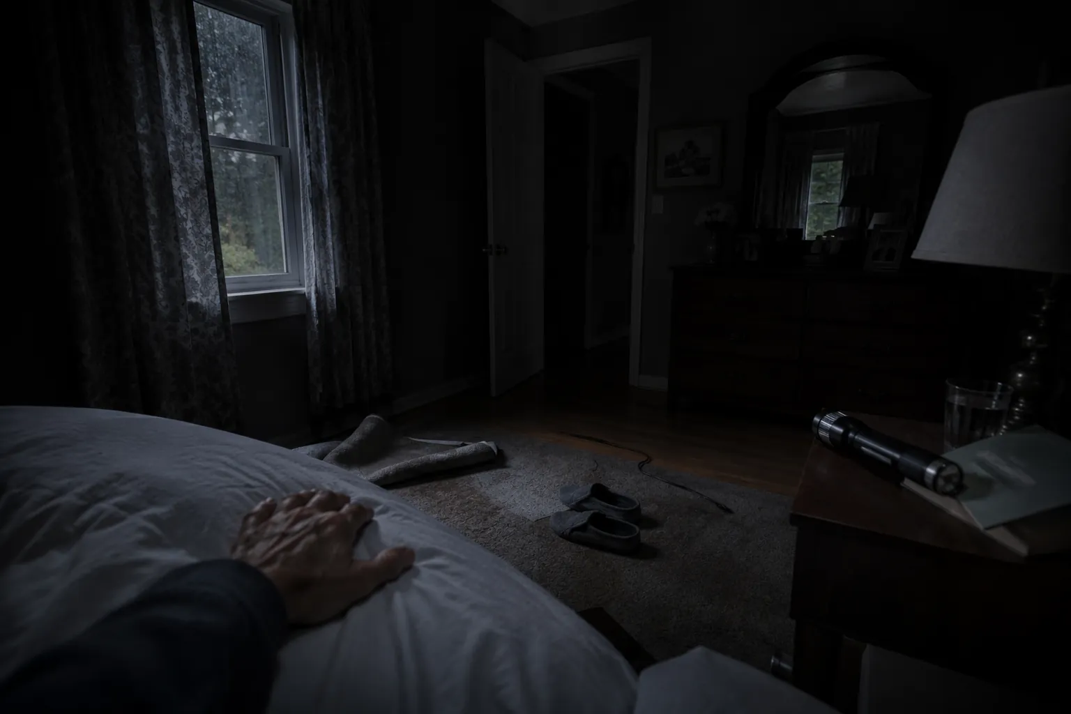 Dark bedroom during a power outage with a shadowy hallway, unlit flashlight, curled rug edge, slippers, and cord on the floor