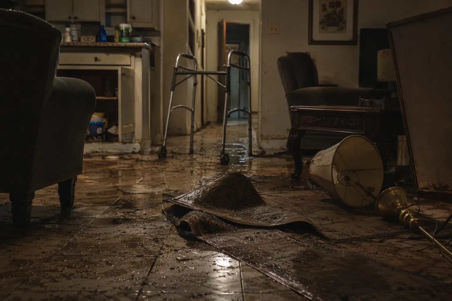 Post-flood room with wet muddy floor, displaced rug, debris, fallen lamp, and walker