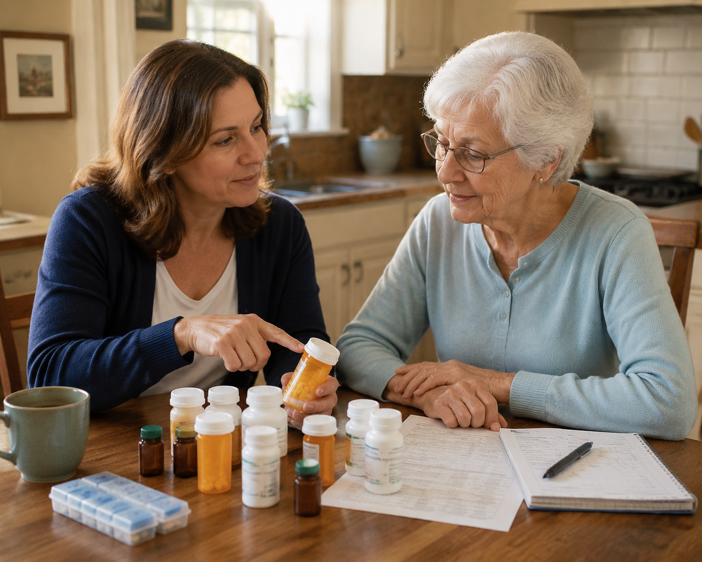 An older woman and her daughter reviewing medication bottles and a medication list together