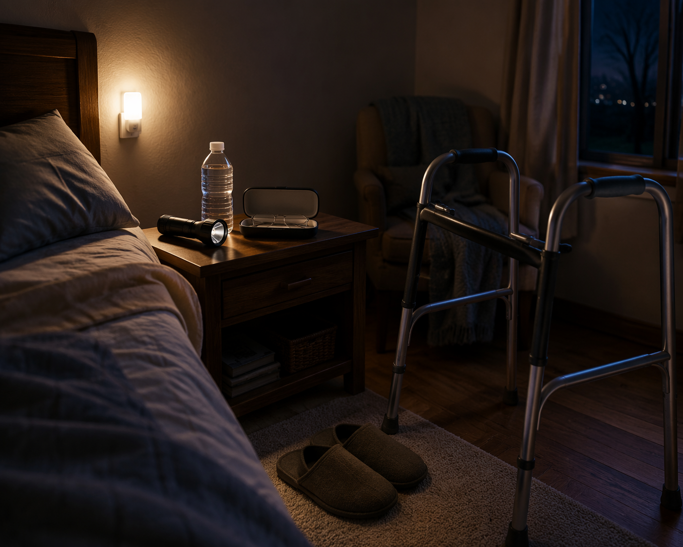 Dimly lit bedroom with flashlight, reading glasses, water bottle, sturdy slippers, and walker within reach of the bed
