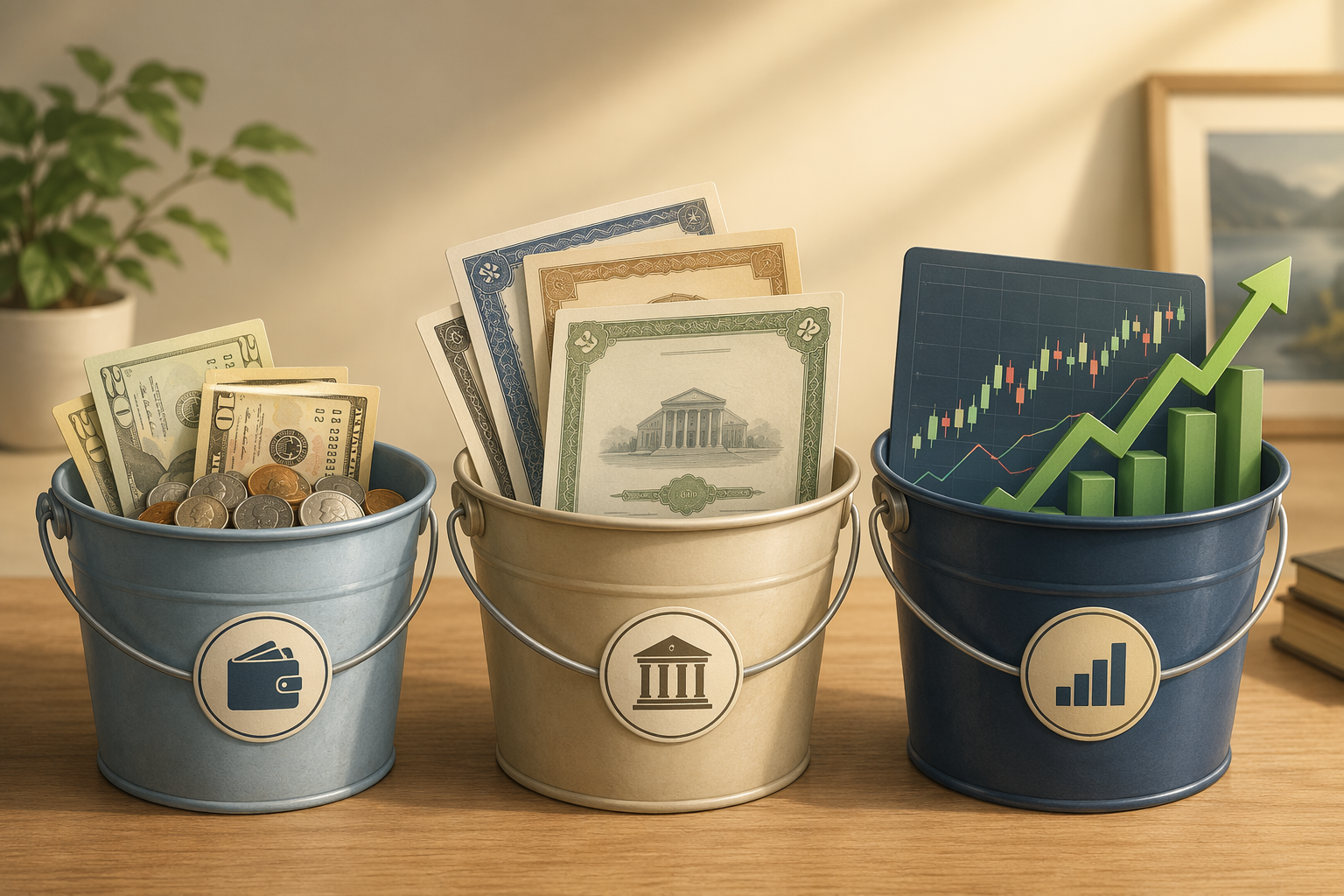 Three buckets representing cash, bonds, and long-term growth investments