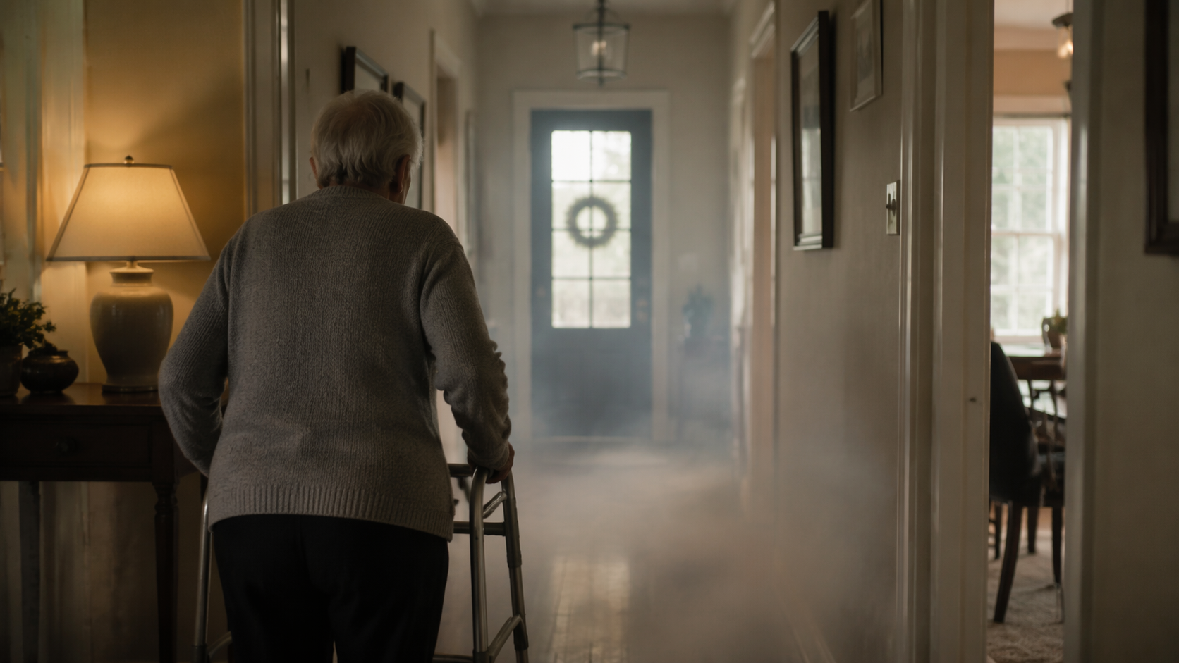 Older adult using a walker in a hallway facing a front doorway