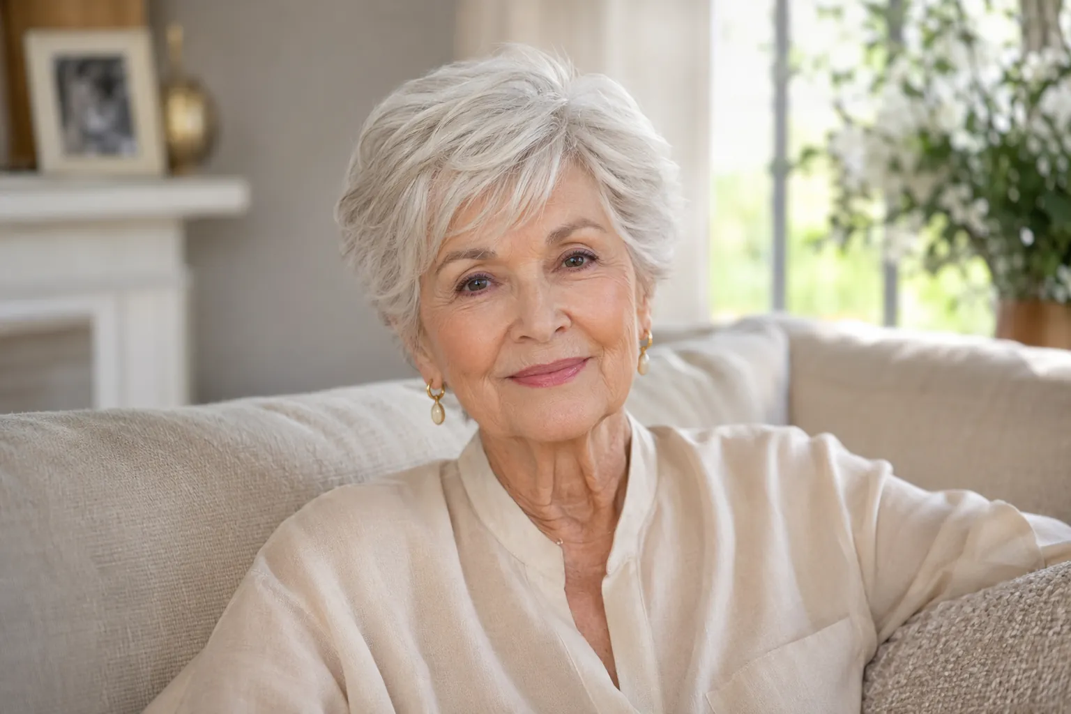 Elderly woman with fine silver-white hair in a soft textured short crop