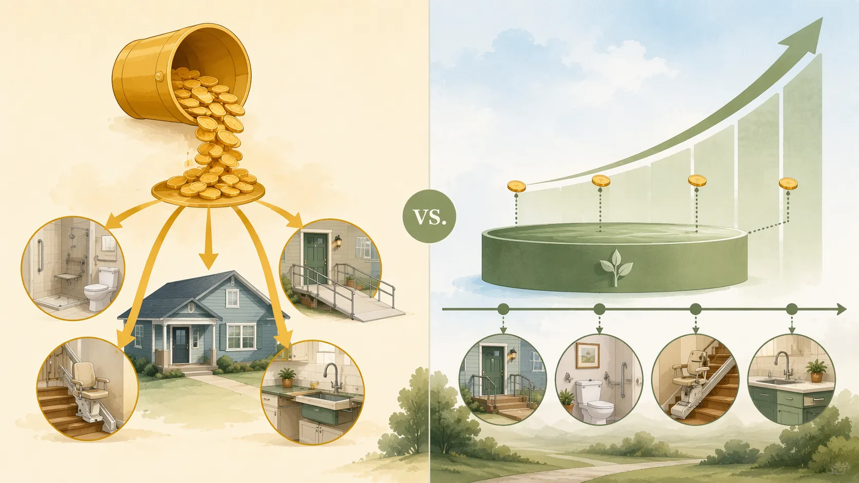 Split illustration comparing a reverse mortgage lump sum with a phased line of credit that grows over time