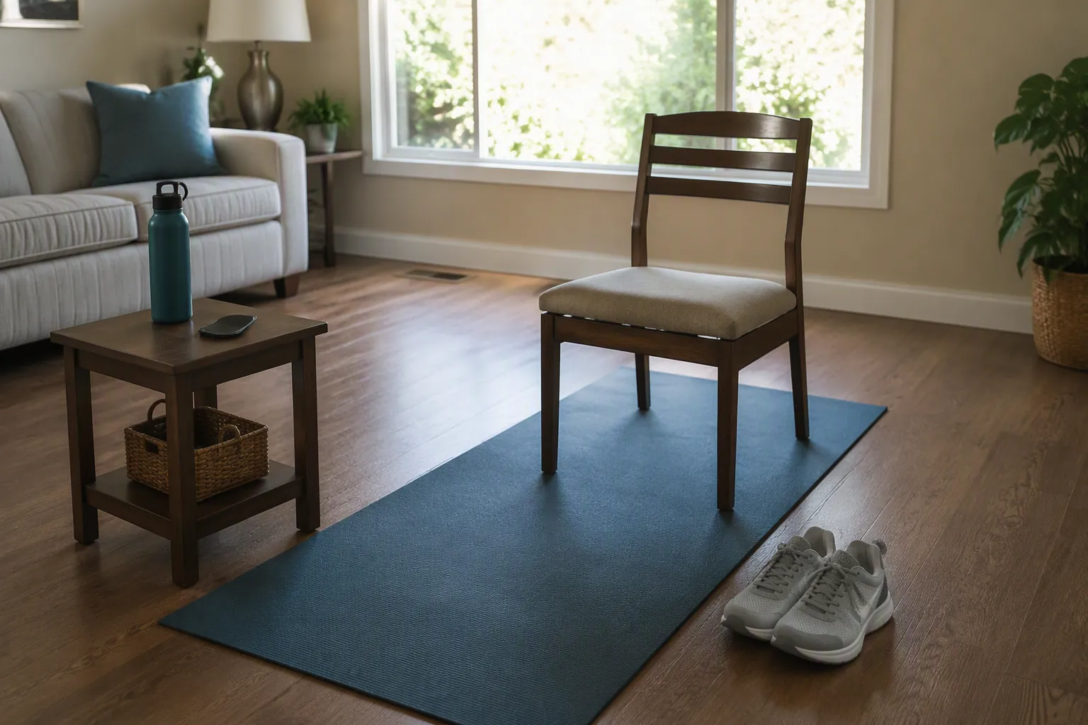 Prepared living room exercise space with sturdy chair, clear floor, water, phone, supportive shoes, and natural light