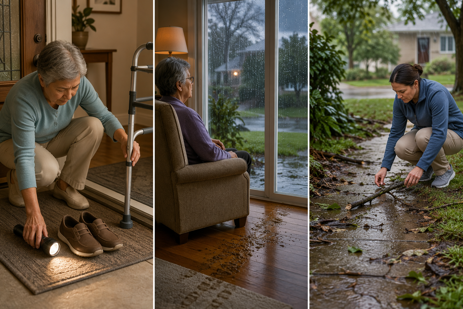 Three-panel caregiver sequence showing flashlight and non-slip shoes by a doorway, an older adult staying indoors near wet footprints, and a caregiver inspecting a muddy walkway after a storm