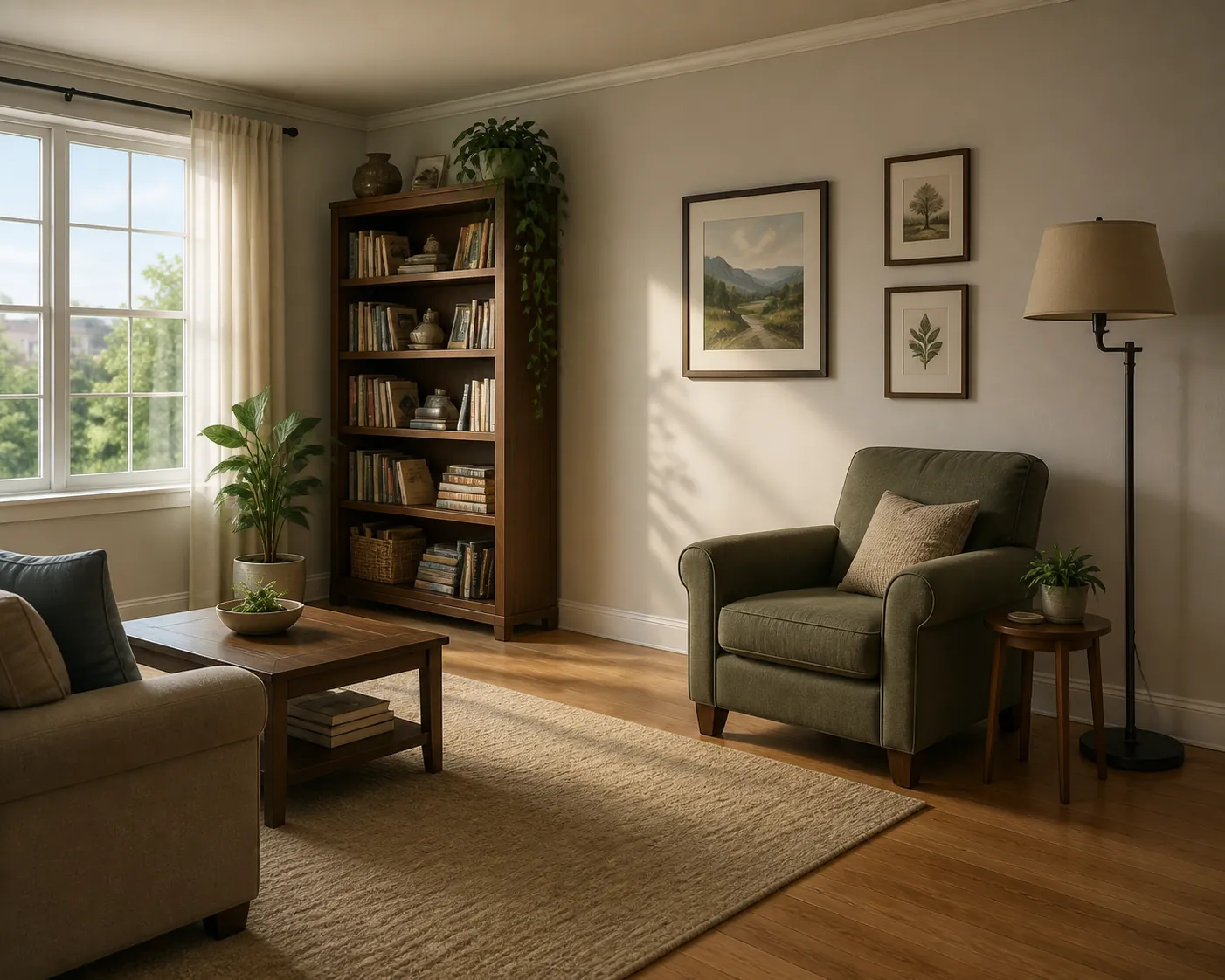 Living room safe spot with an armchair near an interior wall and away from a window, tall bookshelf, hanging frames, and floor lamp