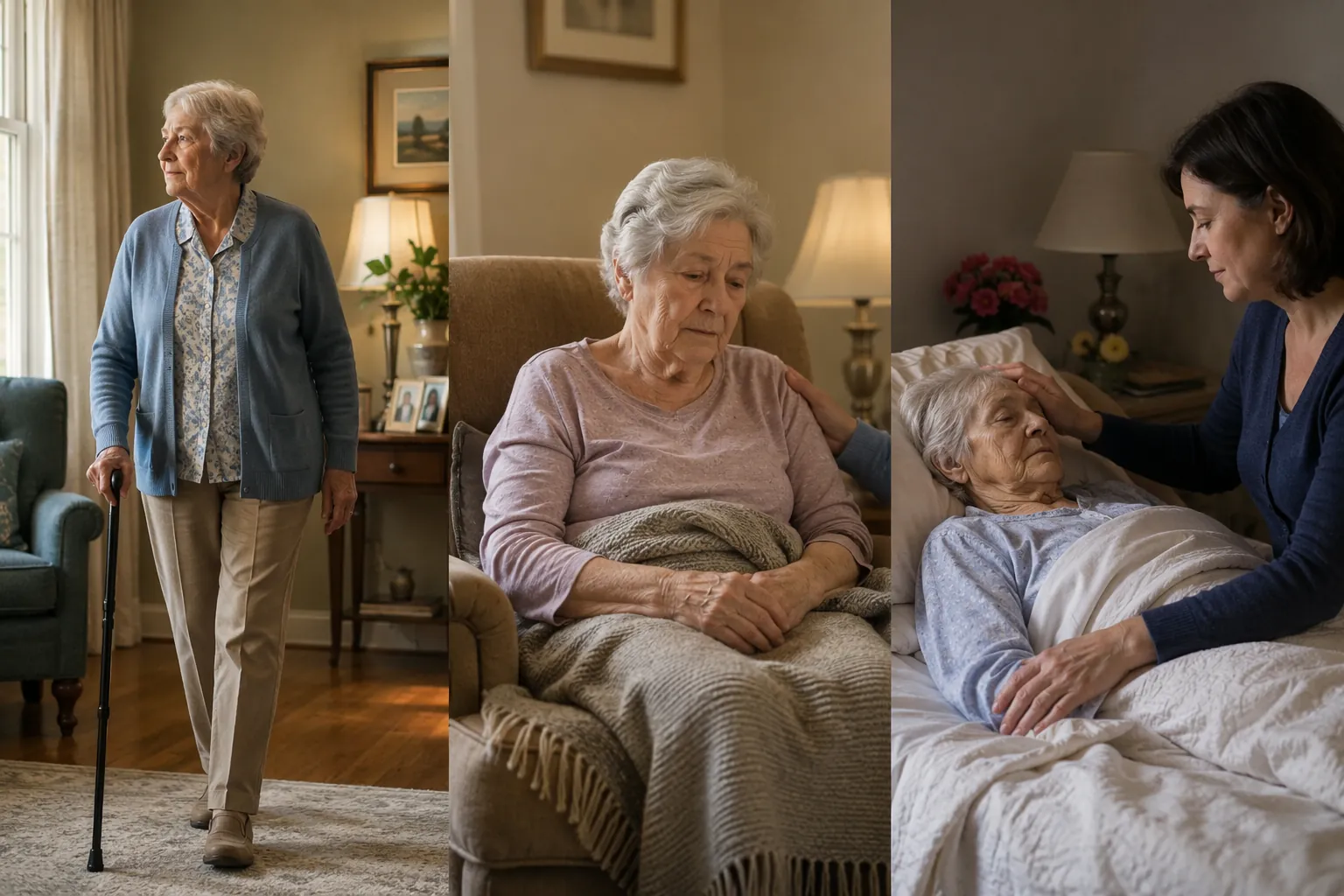 Three home scenes showing an older person progressing from walking with a cane to resting in a chair and then lying in bed with a caregiver nearby