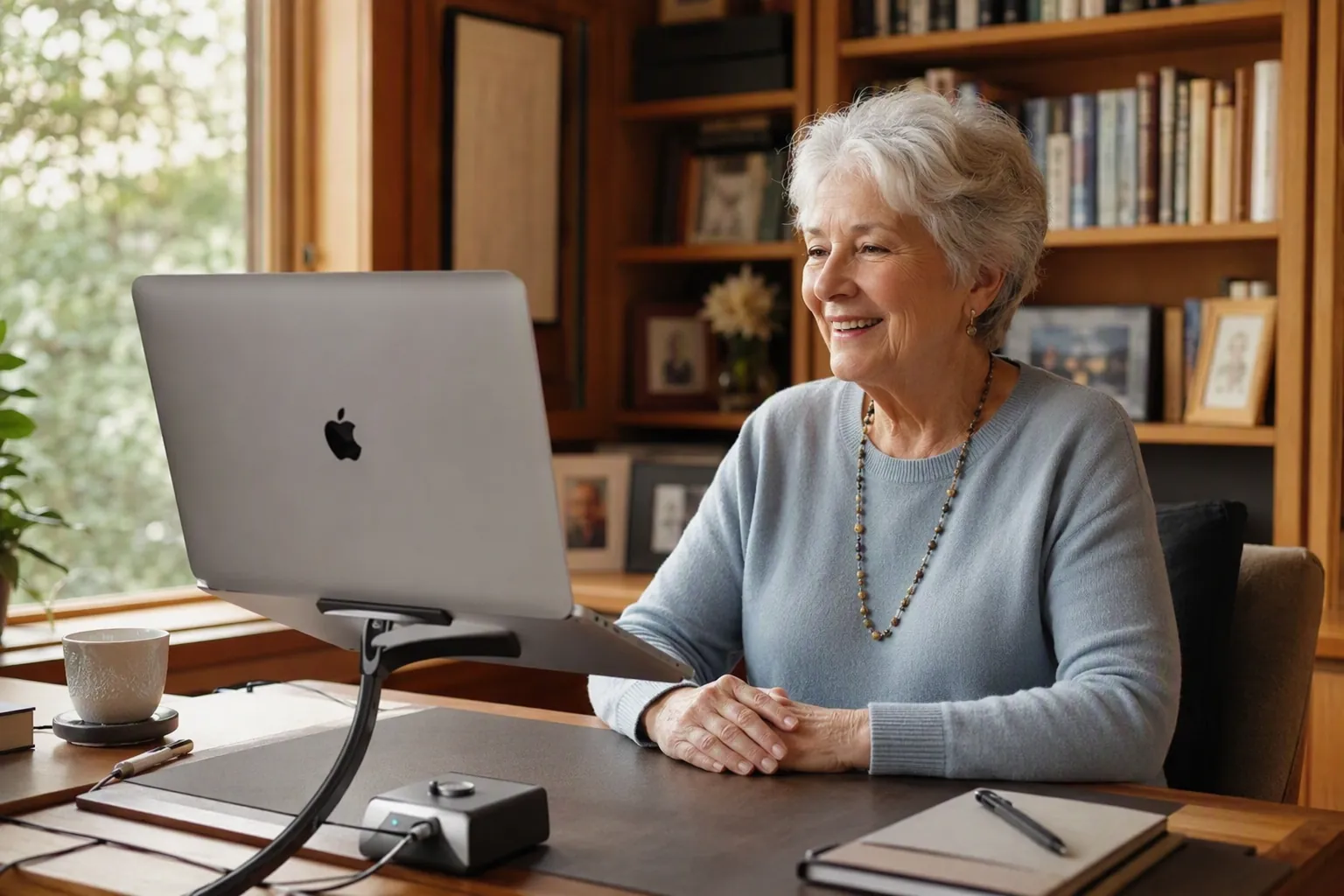 Older person speaking toward a Mac laptop with hands resting beside the keyboard