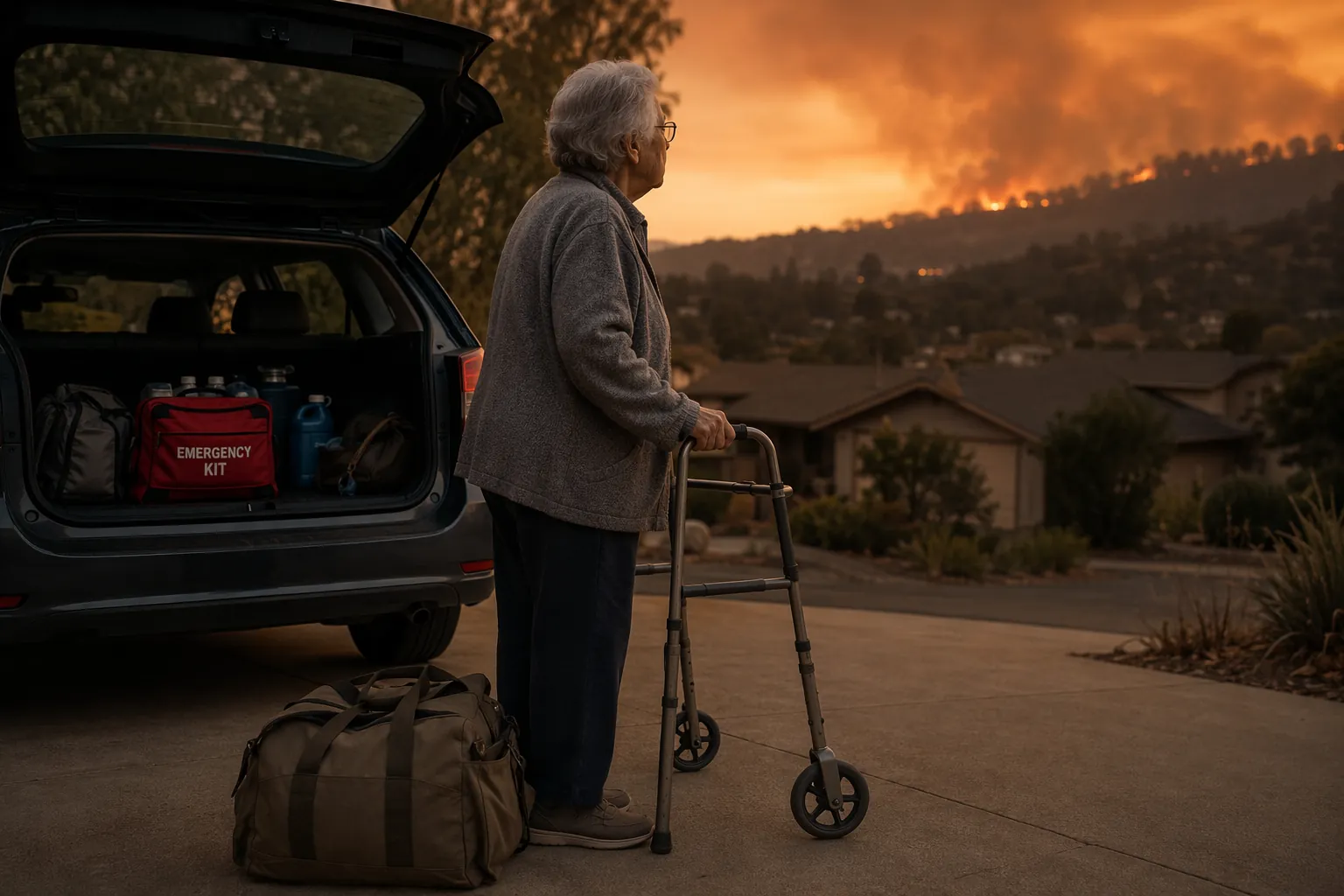 An older adult with a wheeled walker stands beside a loaded go-bag and an open car trunk in a smoky driveway at dusk.