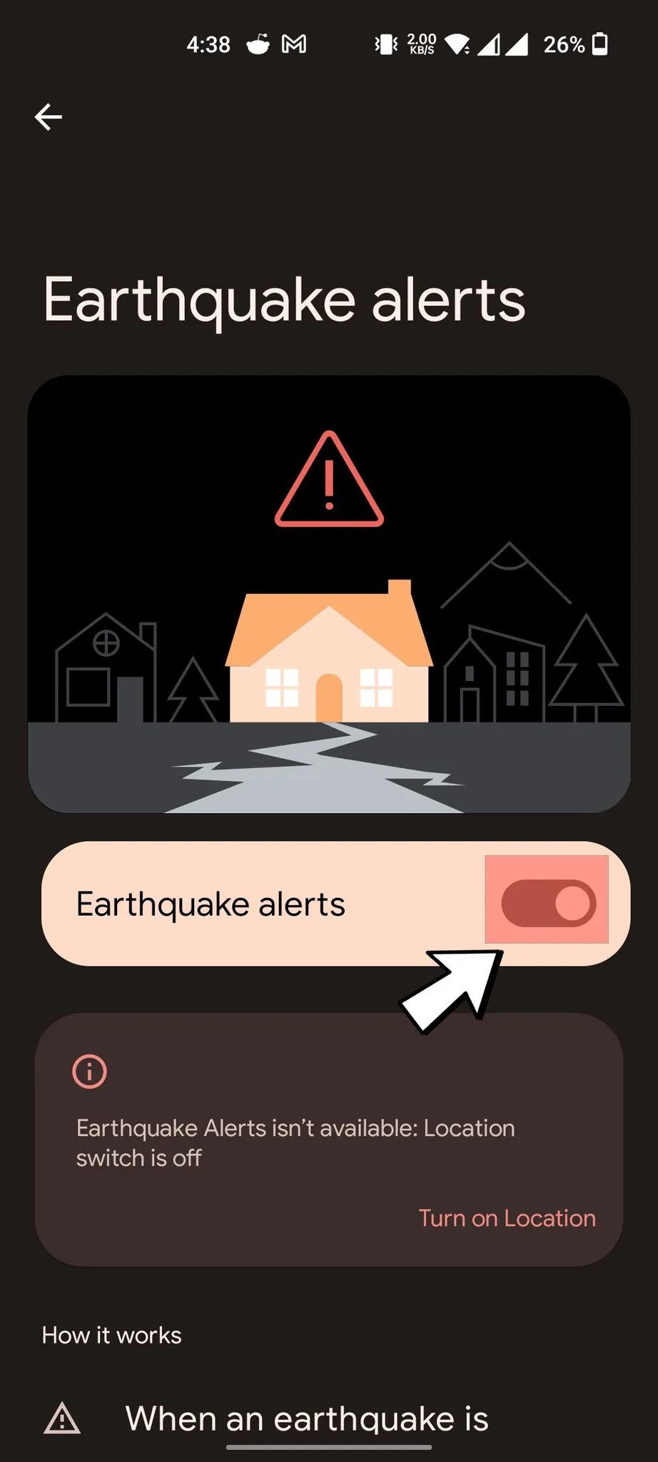 Android Earthquake alerts settings screen with a toggle switch