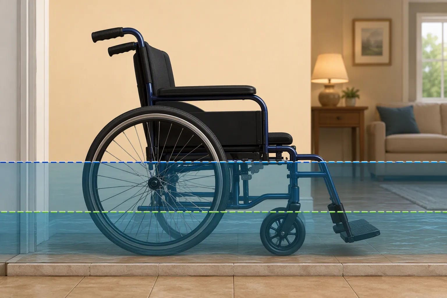 Wheelchair illustration showing 3-inch and 6-inch floodwater depth markers