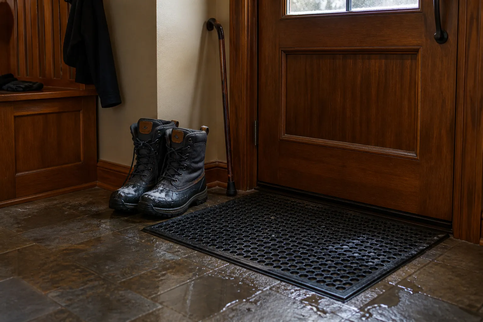 Winter entryway with a non-slip mat, melted snow, boots, and a cane by the door