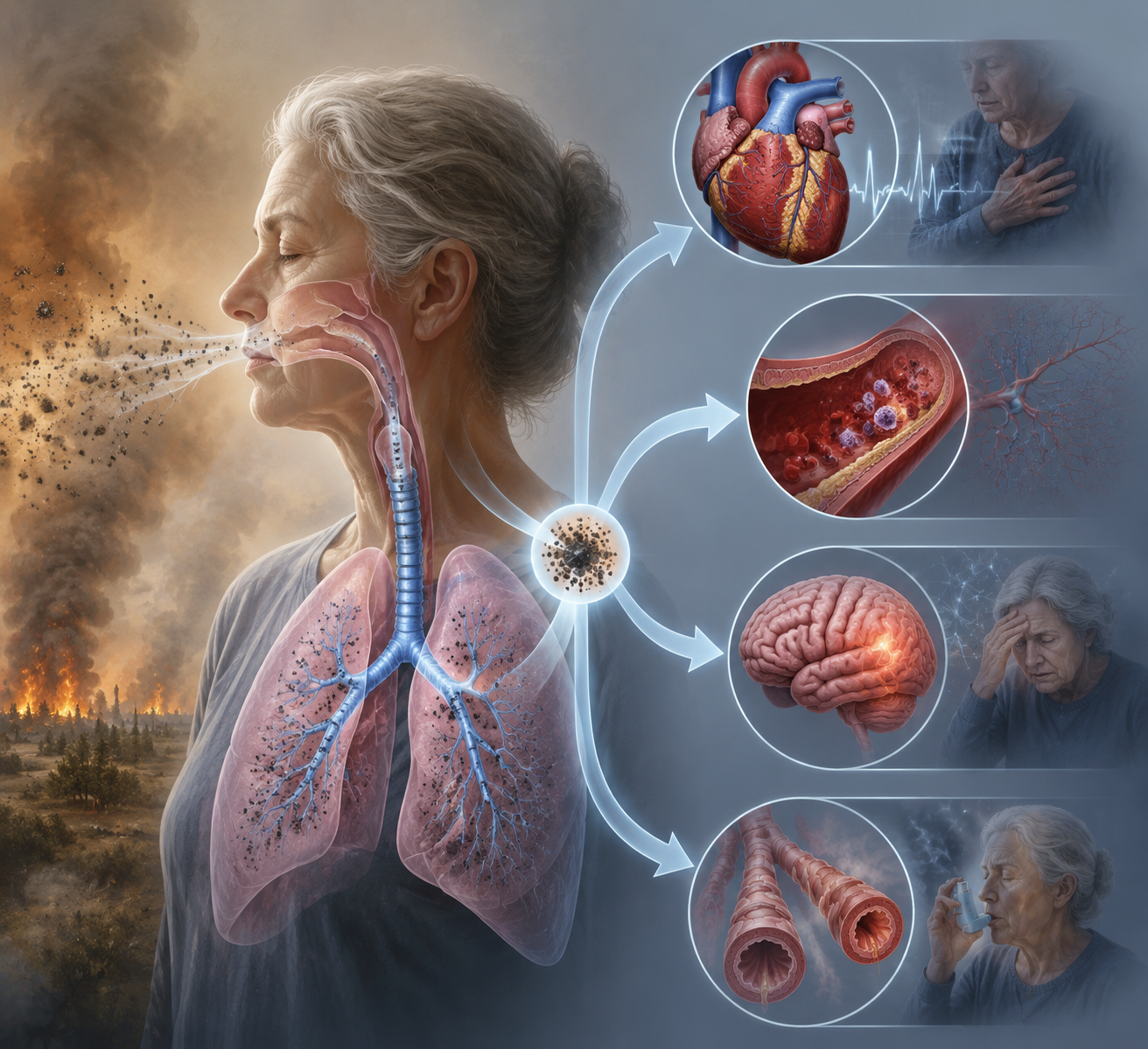 Illustration of inhaled PM2.5 particles affecting lungs, heart, blood vessels, and brain