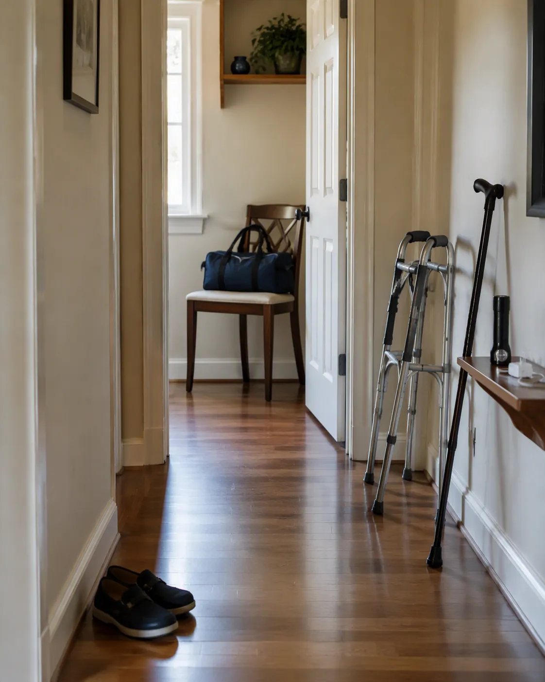 Clear hallway with walker, cane, shoes, flashlight, charger, and emergency bag staged near an interior room