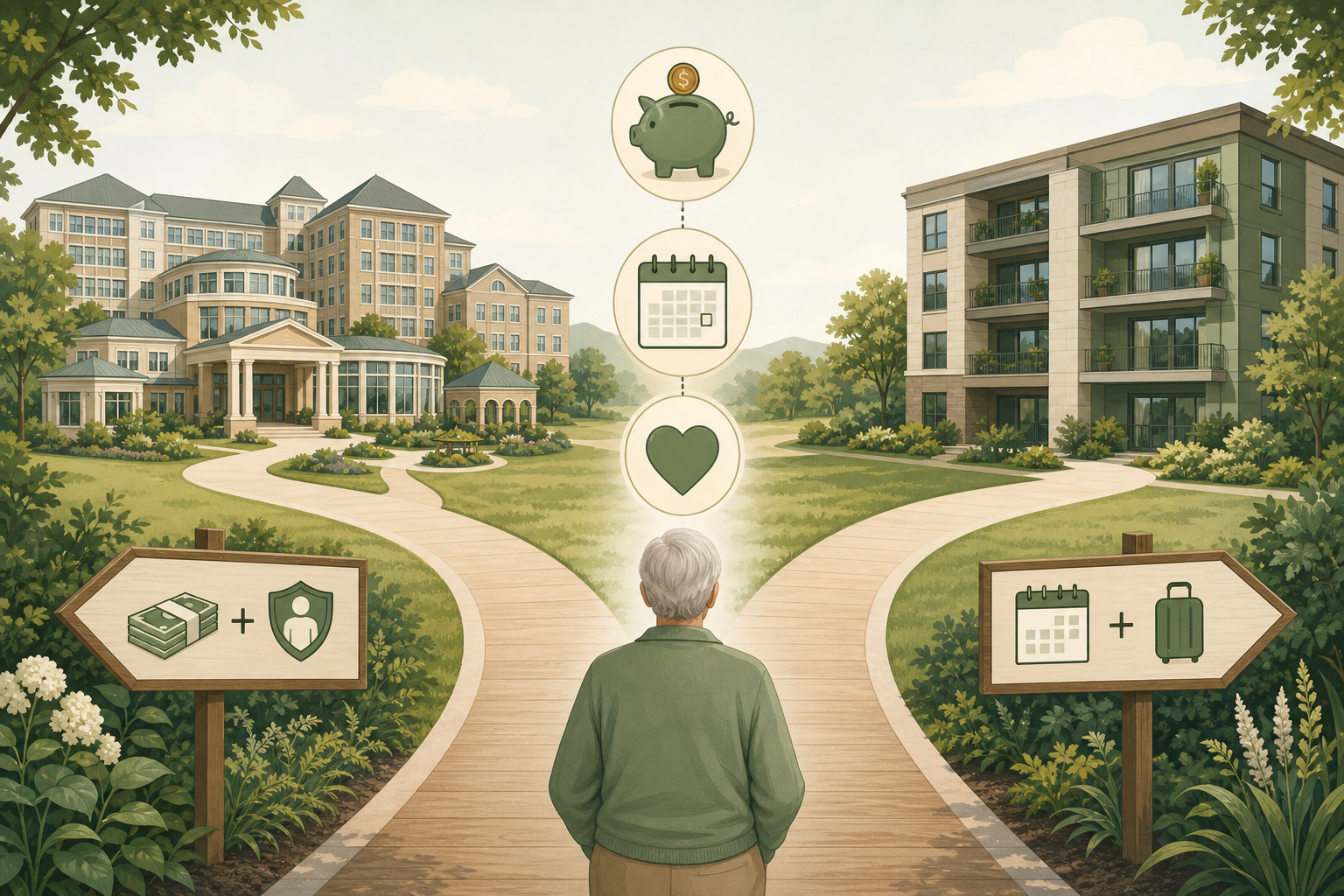 An editorial illustration showing a decision pathway branching into two routes. The left path leads to a multi-building CCRC campus with symbols for lifetime predictable costs. The right path leads to a simpler rental apartment building with symbols for monthly flexibility. Small icons including a piggy bank, calendar, and heart sit between the paths representing key decision factors. Warm sage green, cream, and wood tones.