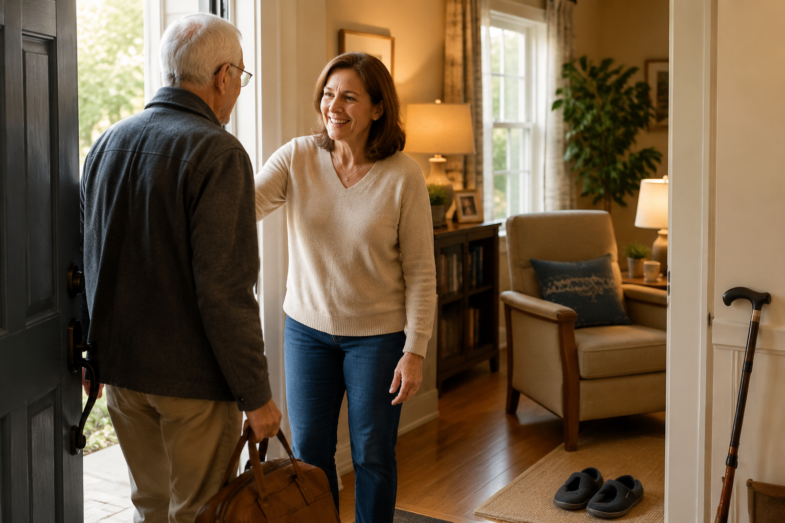 A warmly prepared living room with clear walkways, sturdy seating, good lighting, and an elderly father being welcomed for a visit