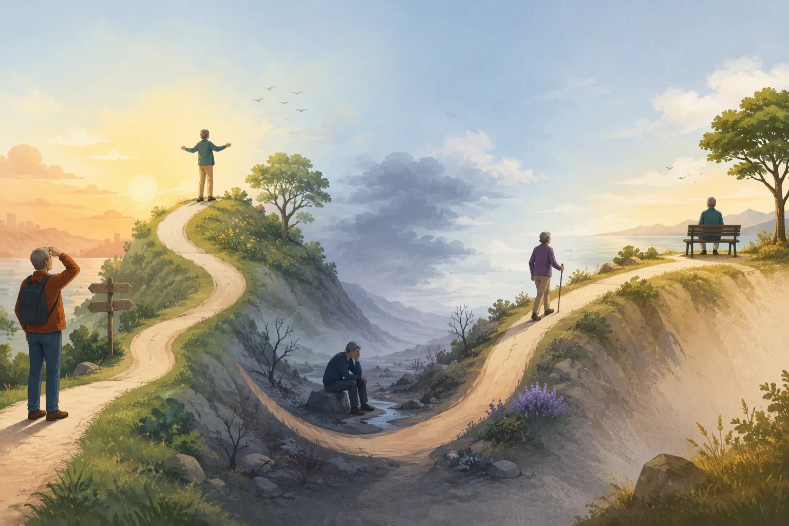 A winding abstract path showing the emotional journey of retirement from anticipation through stability