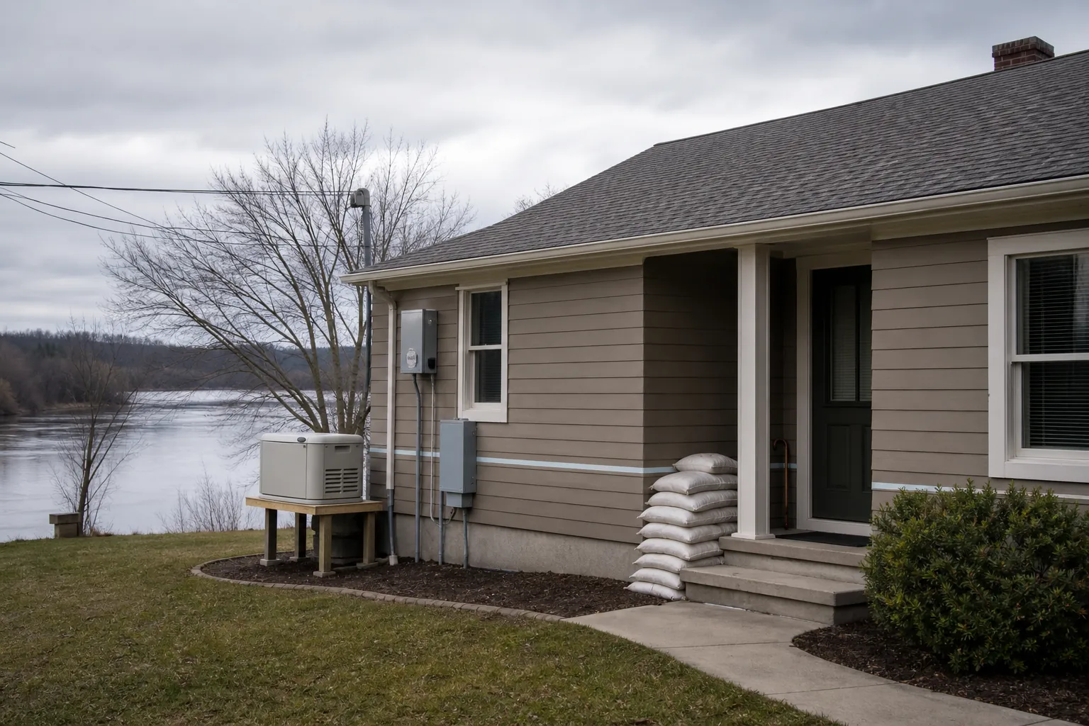 Suburban home prepared for flooding with sandbags, raised utilities, a flood-elevation line, and a folding cane near the door