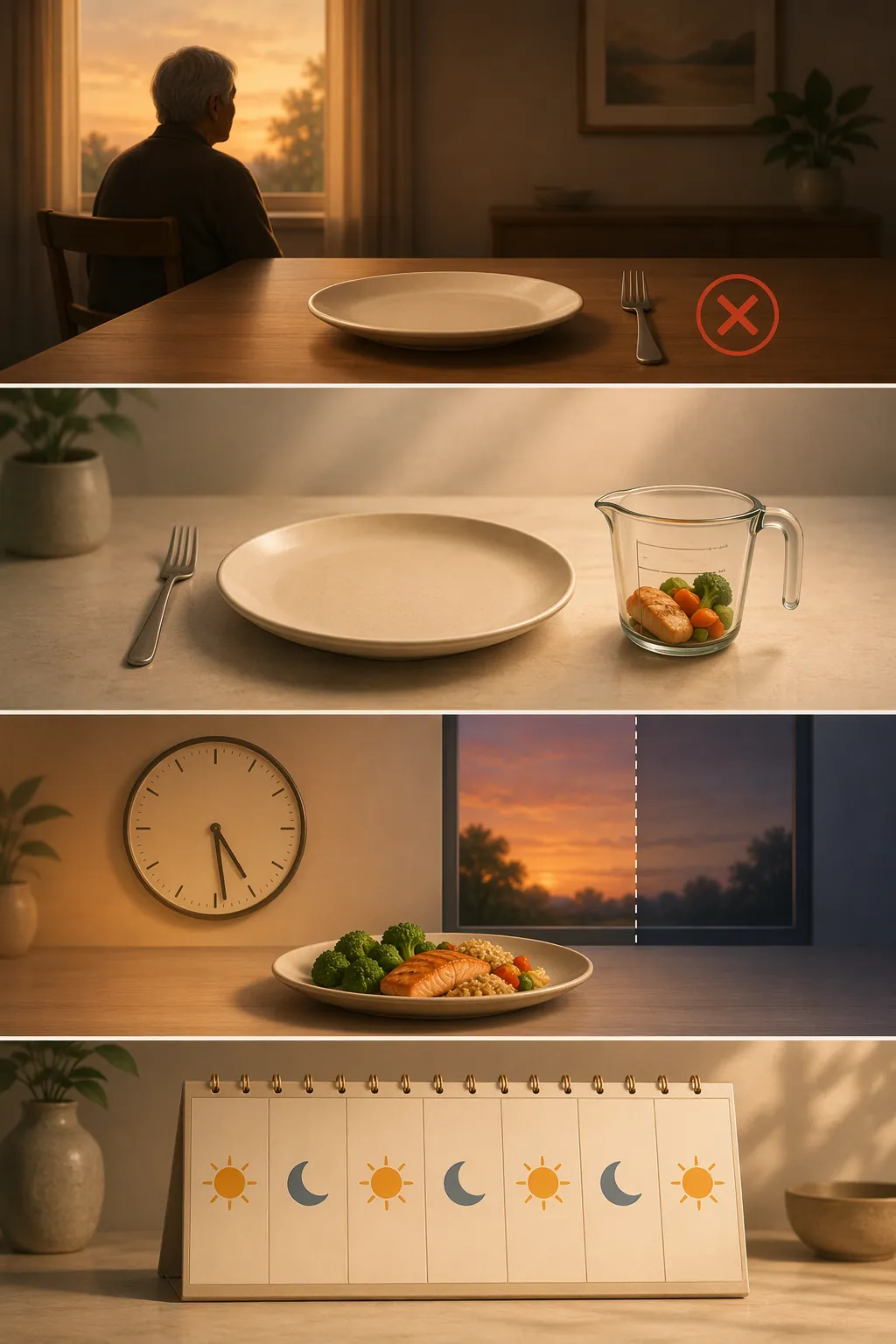 Four-panel comparison of dinner skipping, caloric restriction, early time-restricted feeding, and intermittent fasting