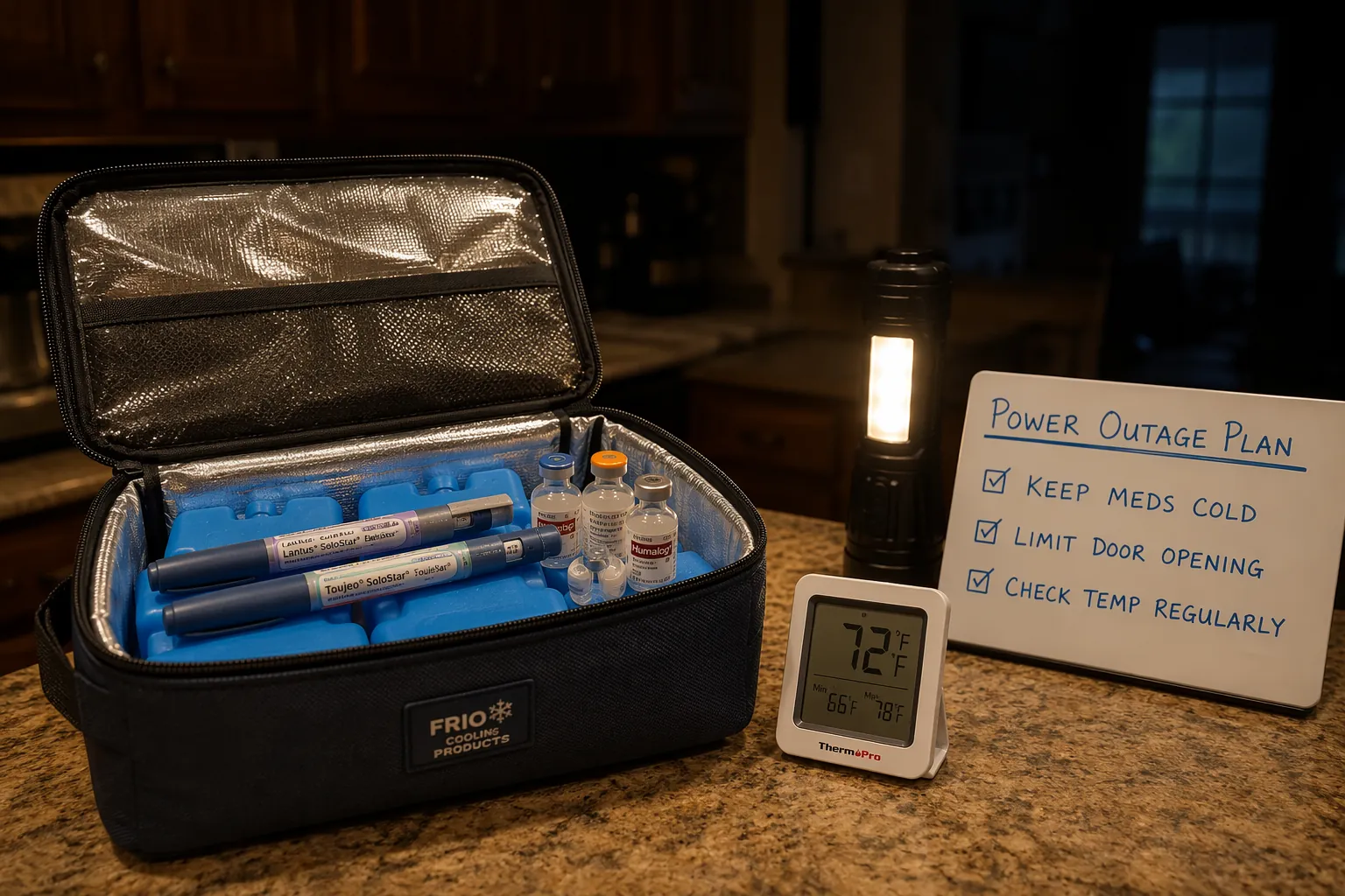 Insulin pens and medication vials in an insulated cooler with ice packs and a thermometer during a power outage