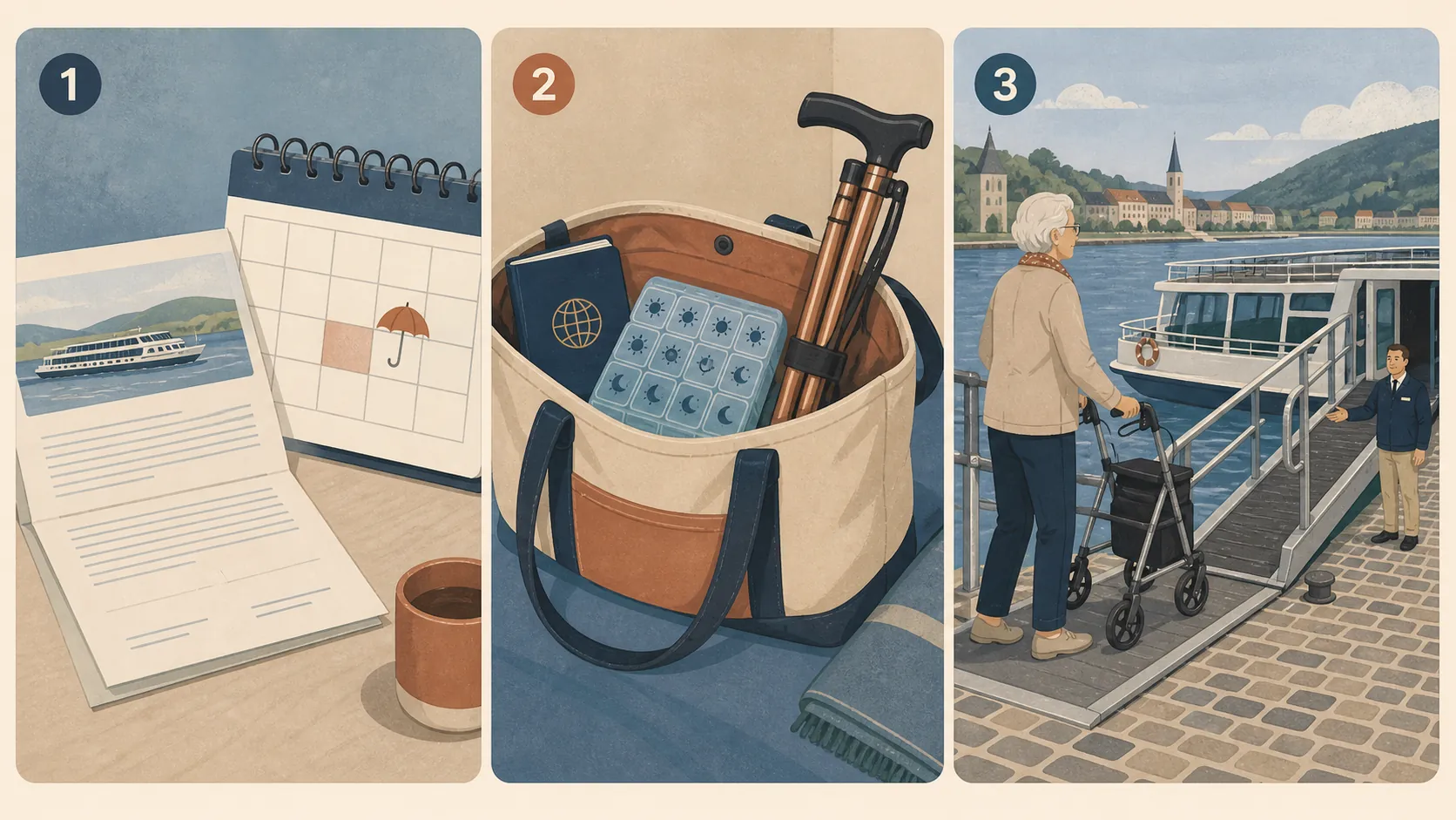 Illustration of river cruise preparation with a contract, medication carry-on, cane, rollator, gangway, coach, and cobblestones