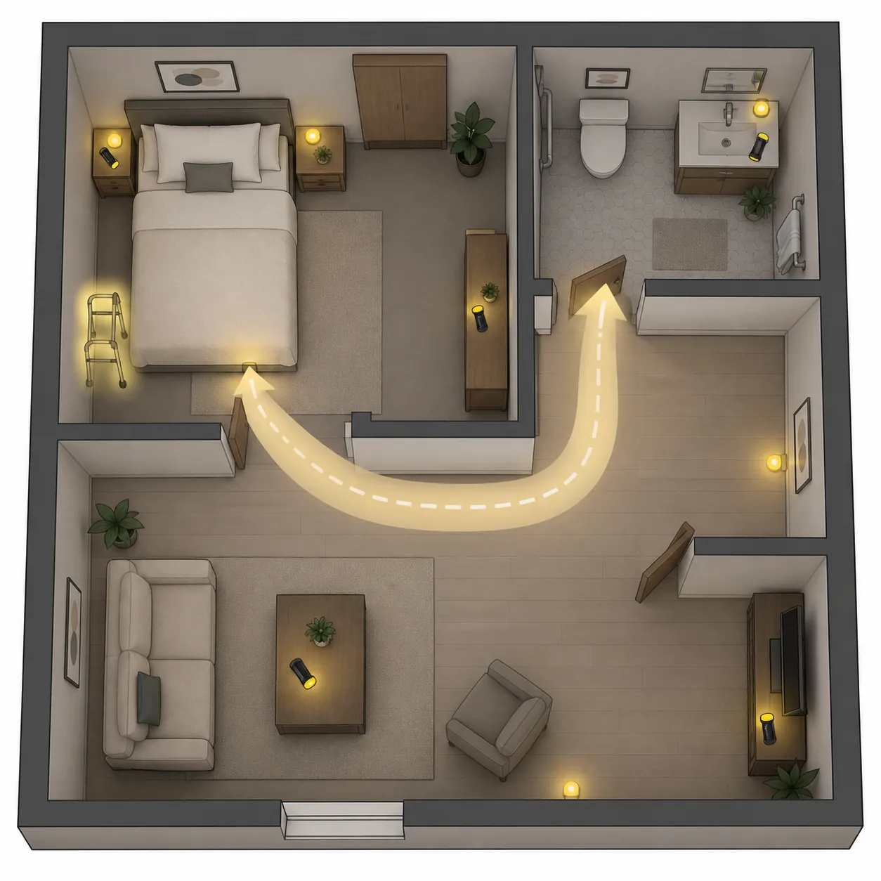 Floor plan showing a highlighted safe path from bed to bathroom with flashlights, glowing markers, and a mobility aid beside the bed
