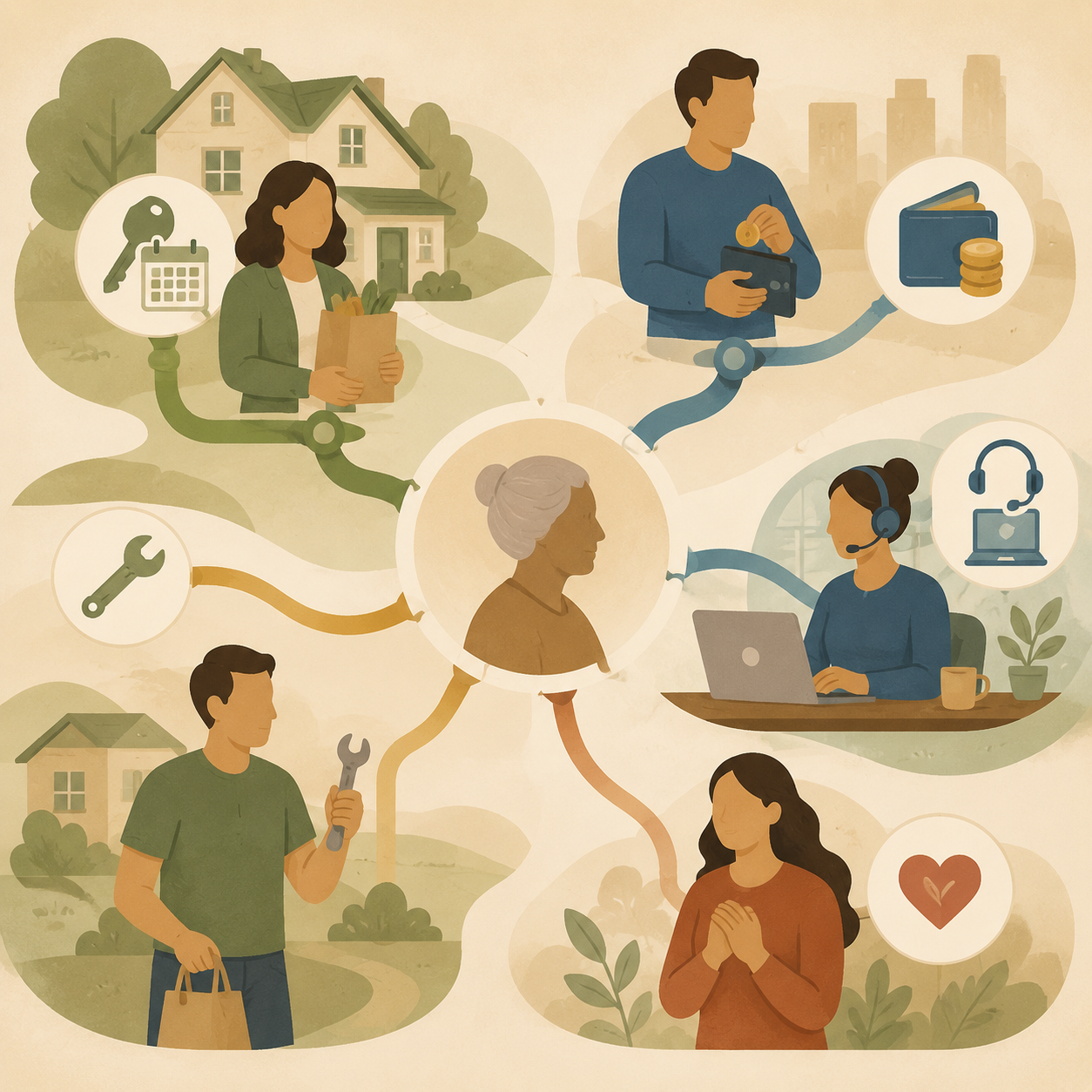 Aging parent at the center with siblings connected by different caregiving roles such as money, calls, repairs, and local help