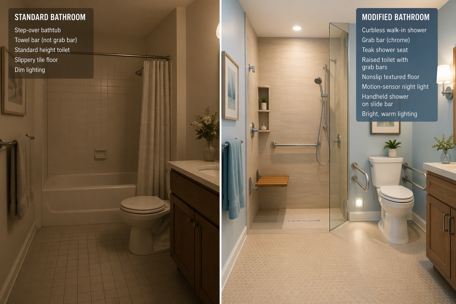 Split-view editorial illustration comparing a standard bathroom (left, muted sepia tones) with step-over tub, towel bar, regular toilet, and dim lighting, alongside a modified bathroom (right, bright warm tones) featuring curbless walk-in shower with grab bar and teak seat, raised toilet with grab bars, nonslip flooring, motion-sensor night-light, and handheld showerhead on a slide bar.