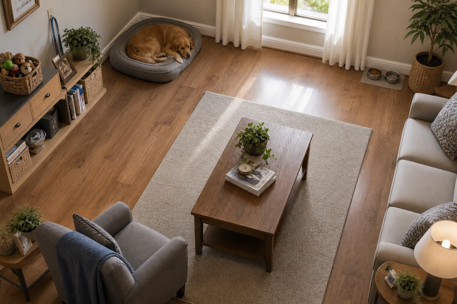 Senior-friendly living room with clear walking paths, pet bowls against a wall, toys stored off the floor, and a calm dog resting outside the traffic lane