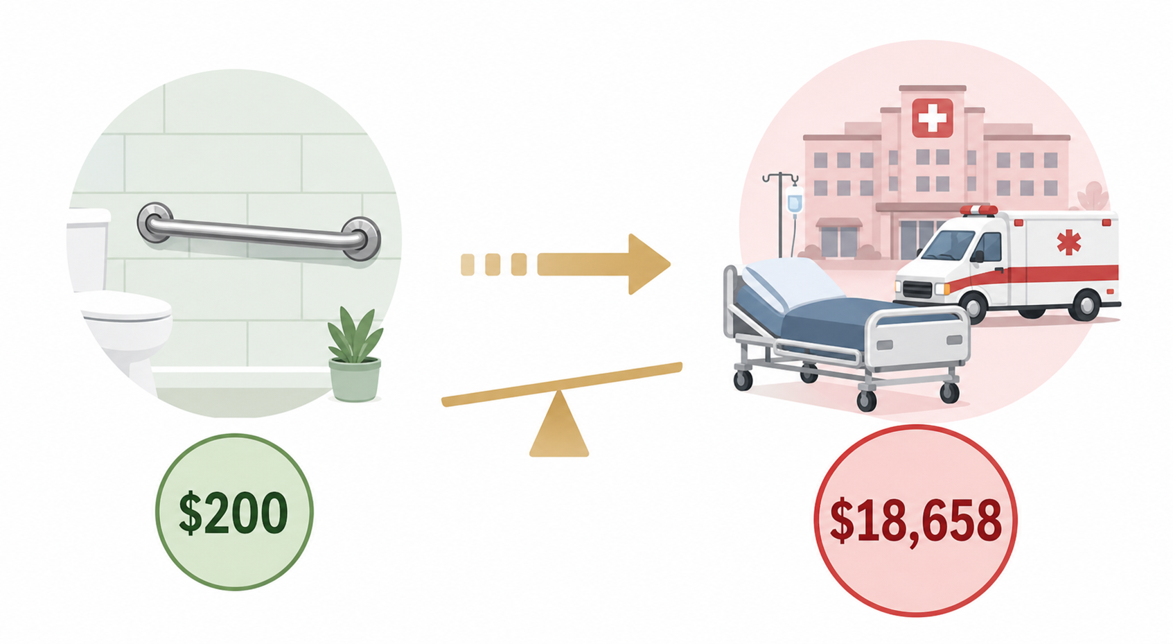 A side-by-side cost comparison illustration showing a grab bar icon with a $200 label in a green circle on the left and a hospital bed icon with a $18,658 label in a red circle on the right, with an arrow between them.