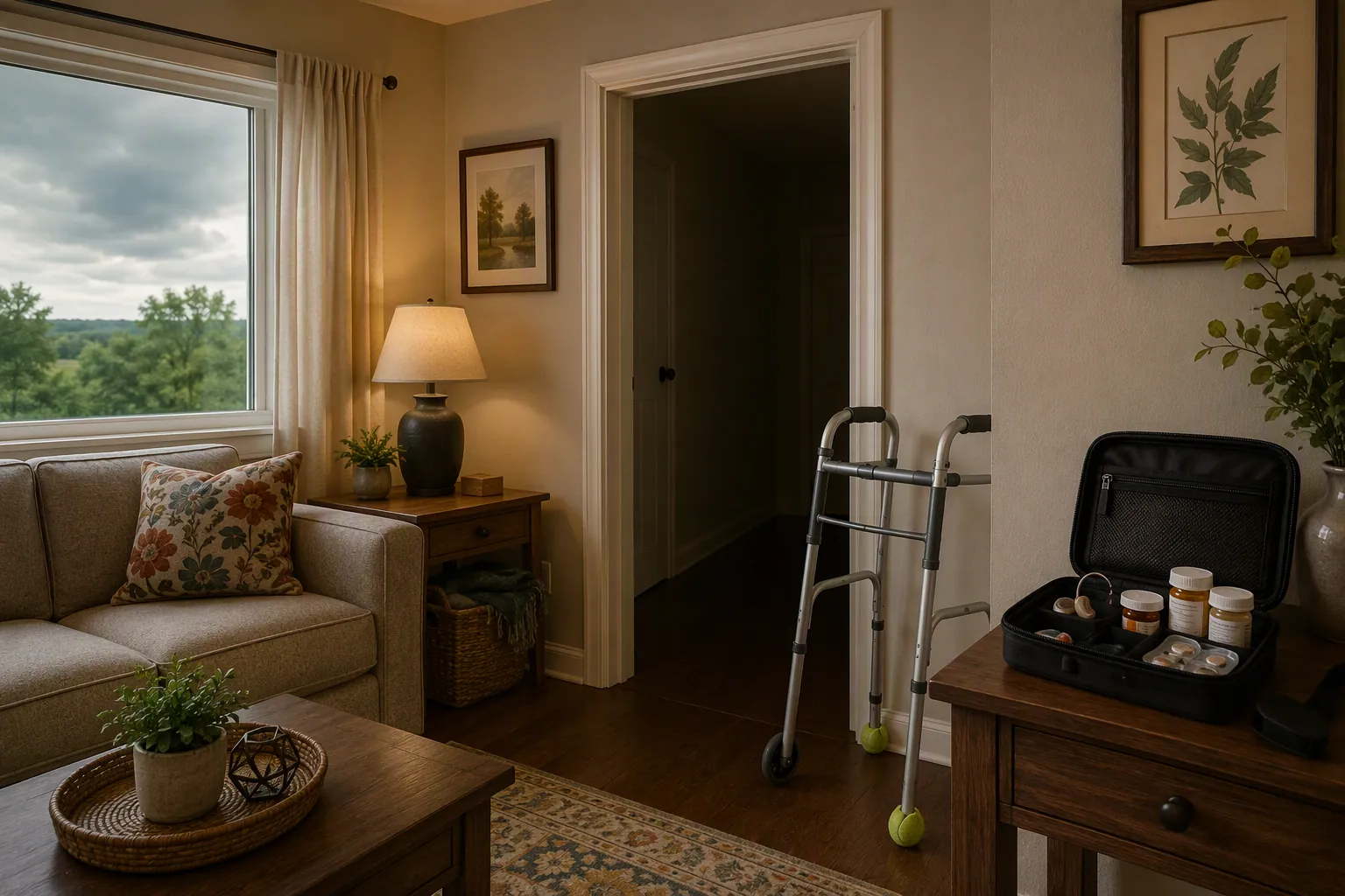 Single-story living room with a walker near an interior hallway and an emergency kit with medications, headlamp, and hearing aid batteries