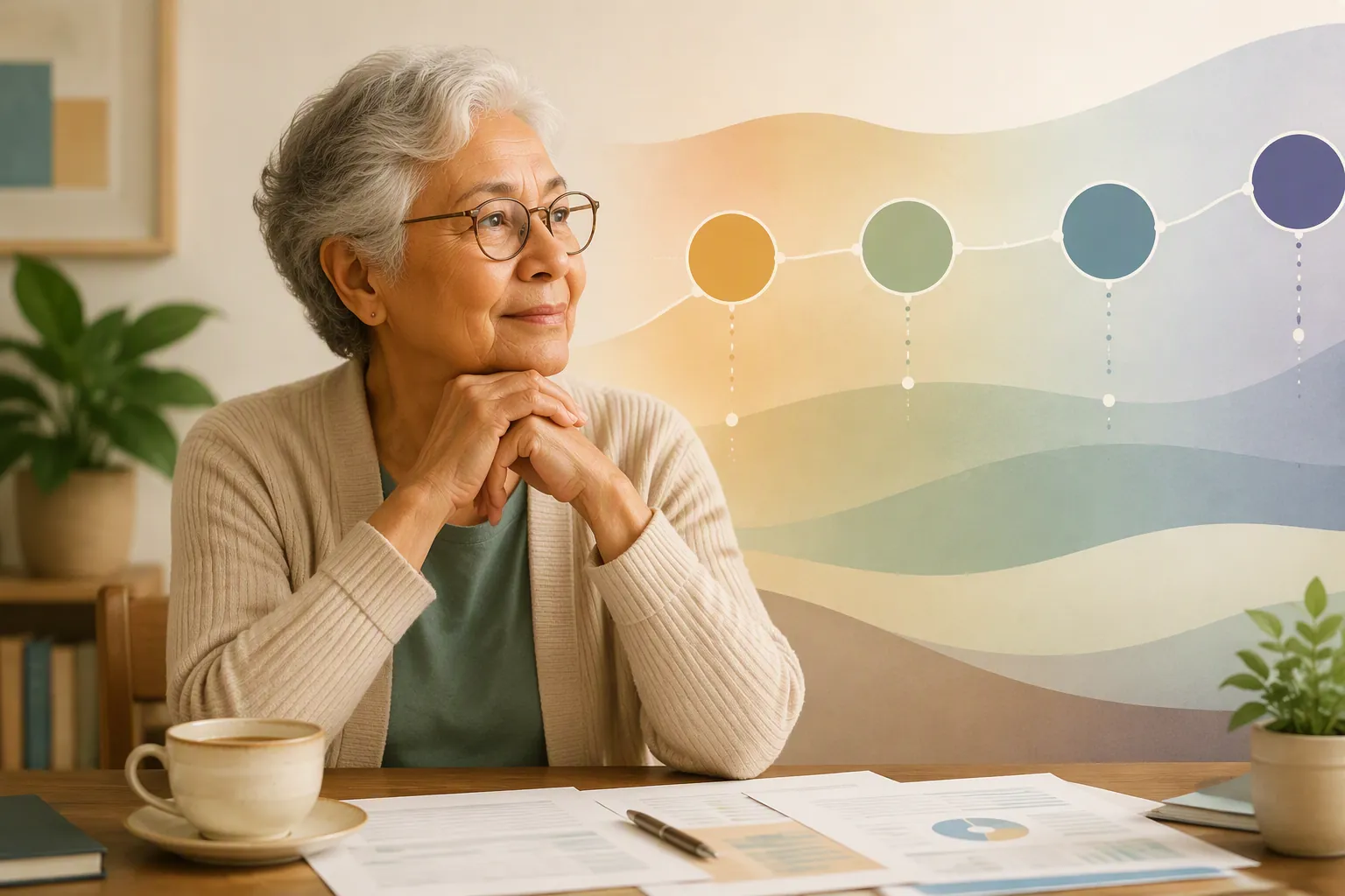Older adult reviewing documents while the years 2025, 2026, 2027, and 2028 appear in the background
