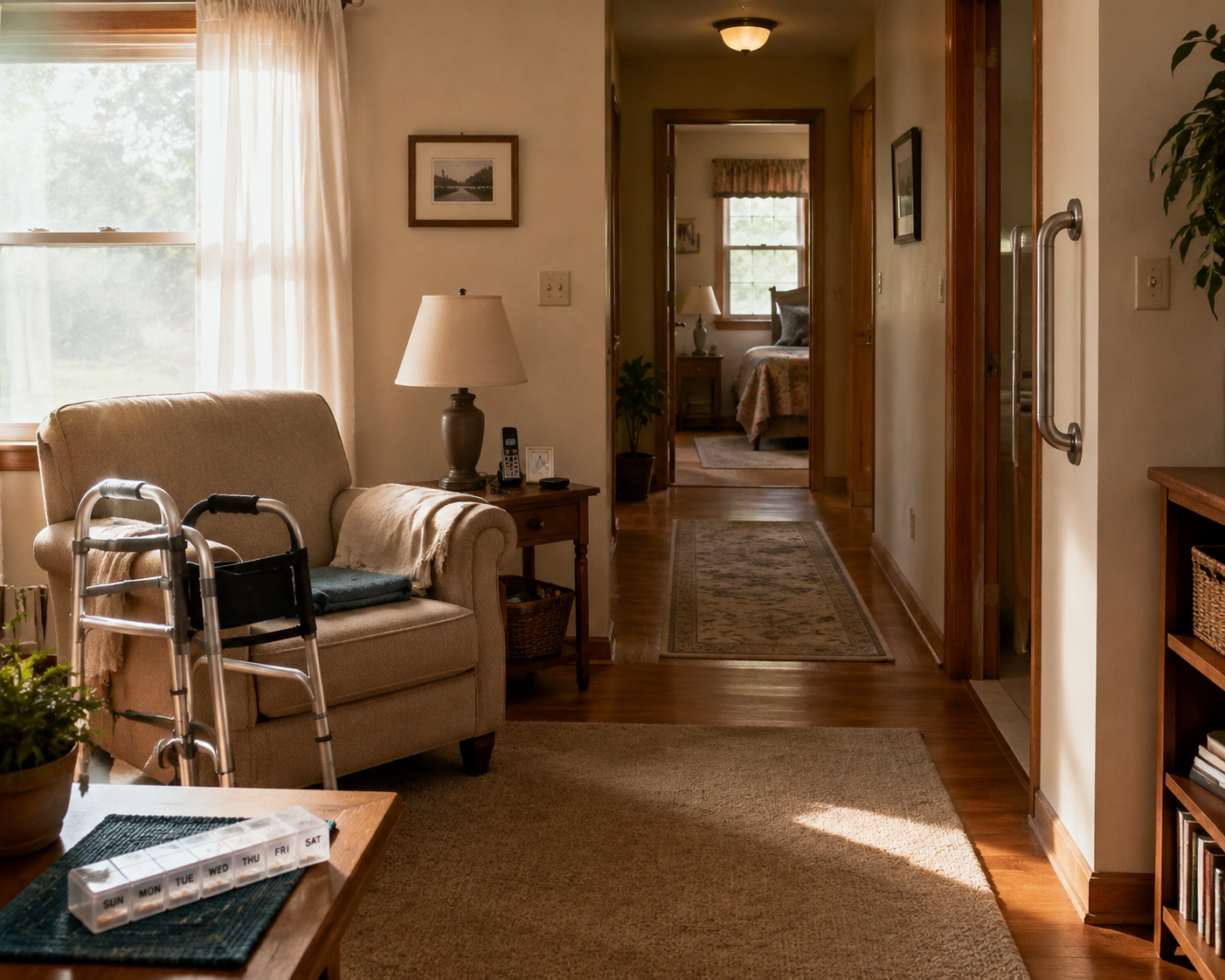 Living room and hallway prepared for an older adult returning from rehab with clear walking paths, walker, grab bar, and pill organizer